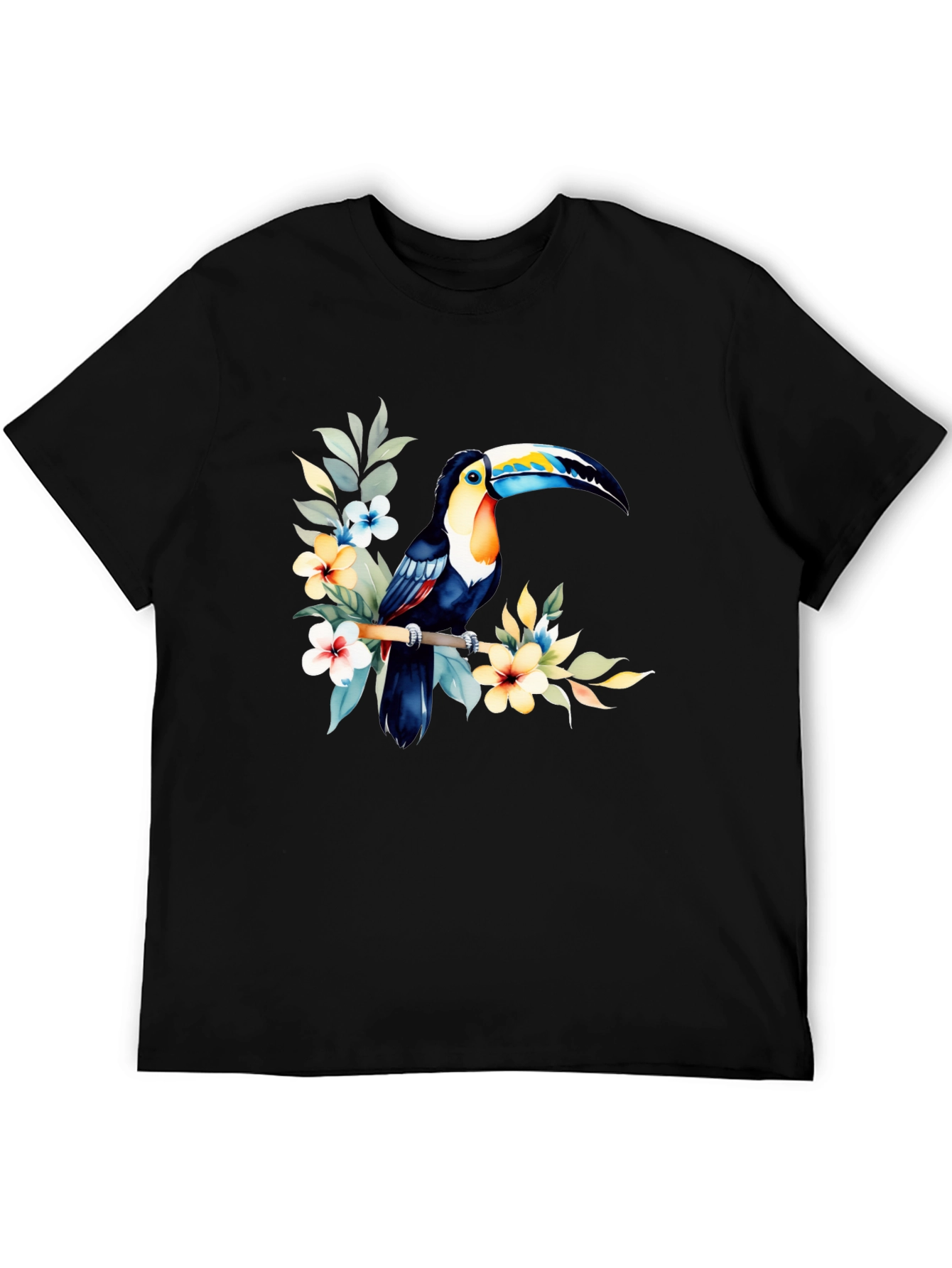 Tropical Toucan Graphic Tee - Black Cotton T-Shirt