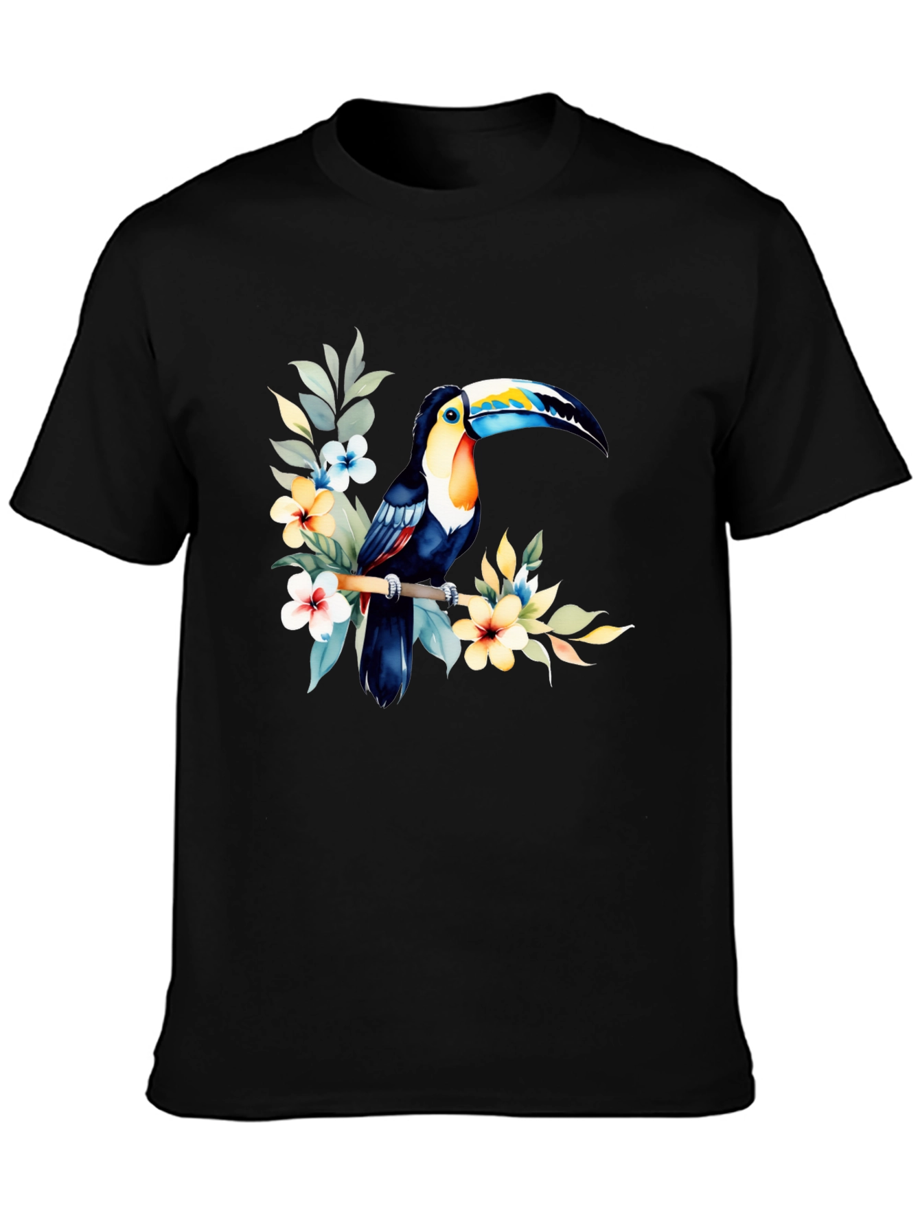 Tropical Toucan Graphic Tee - Black Cotton T-Shirt