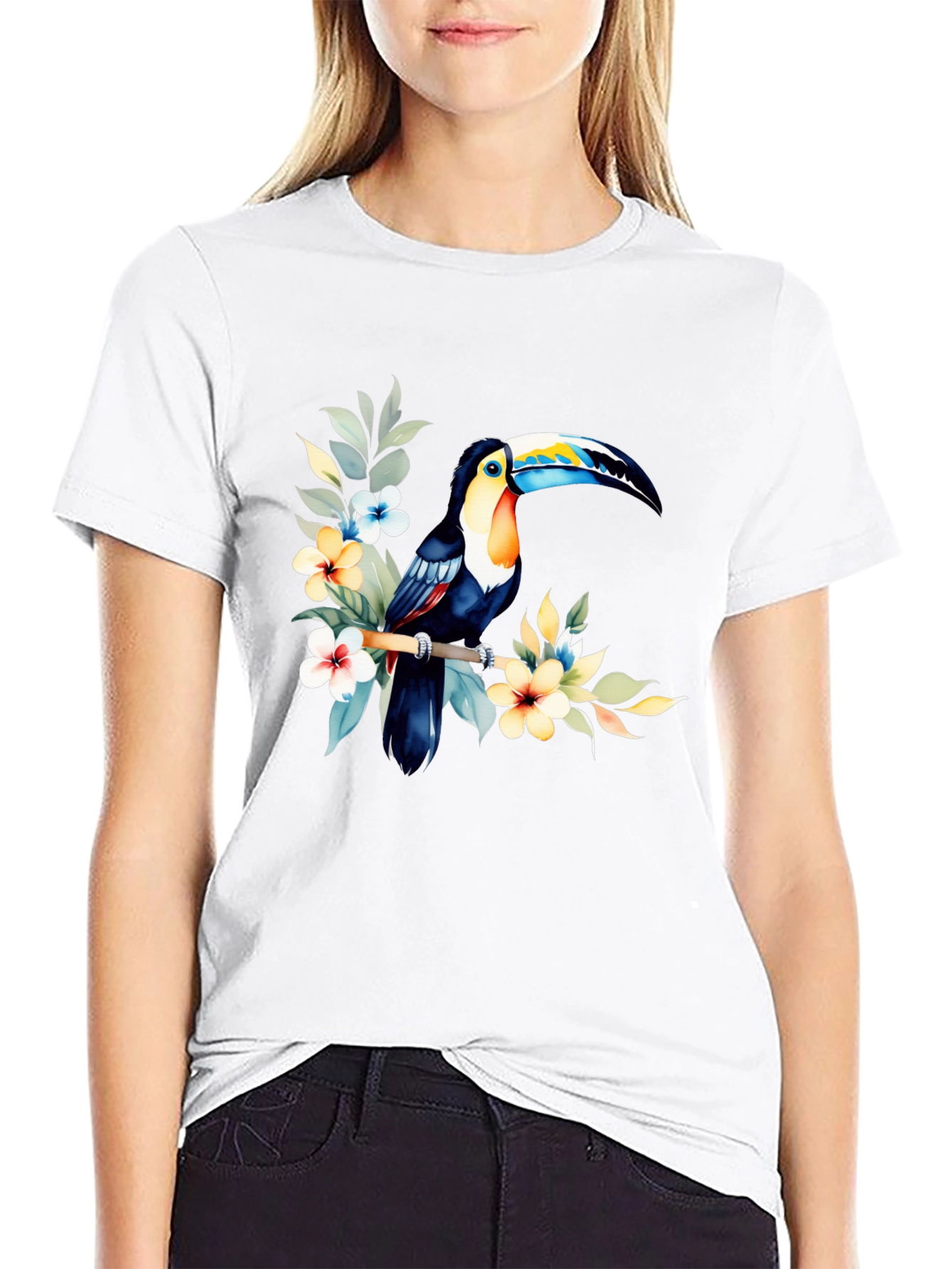 Tropical Toucan Graphic Tee - Black Cotton T-Shirt