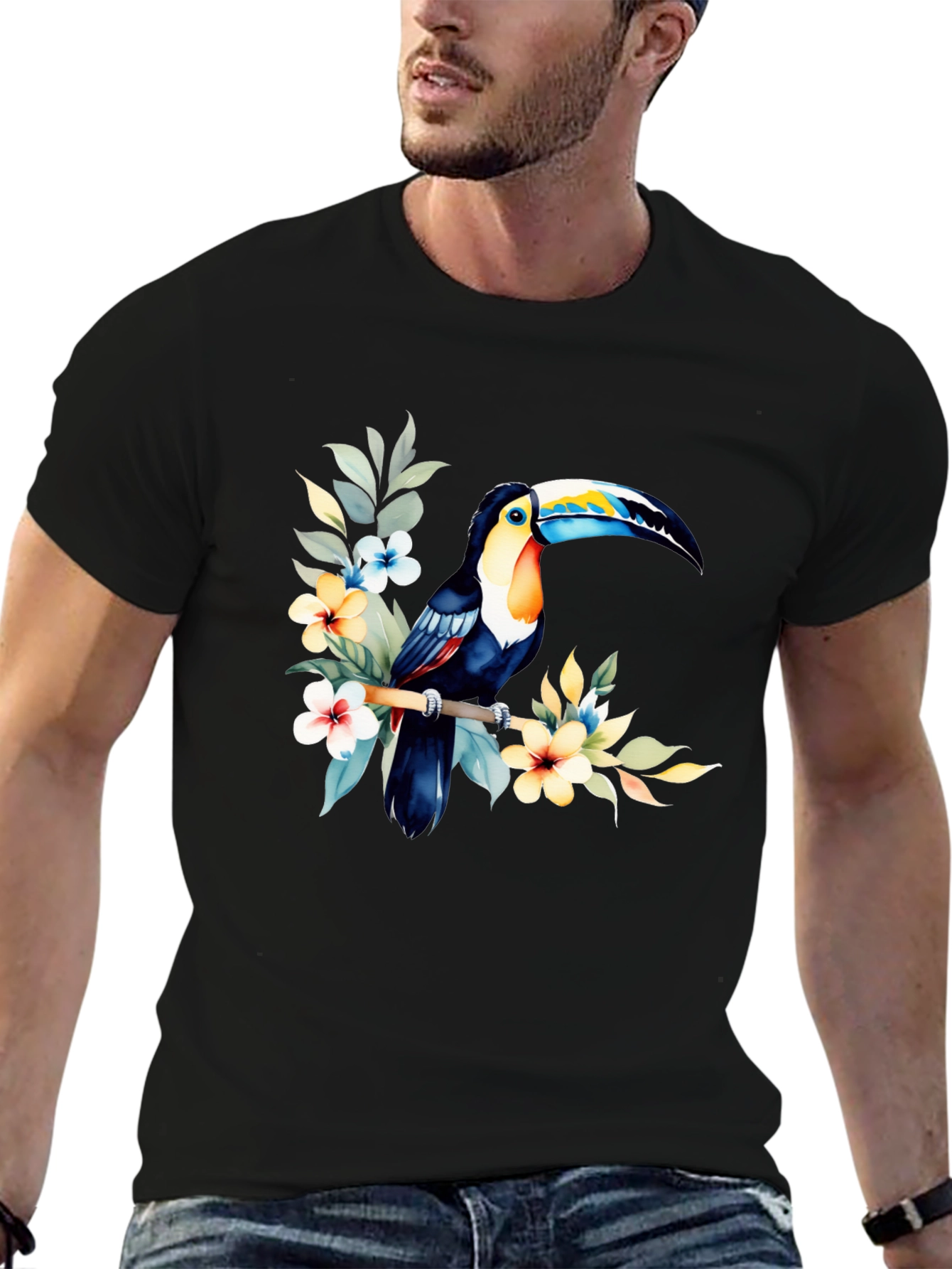 Tropical Toucan Graphic Tee - Black Cotton T-Shirt