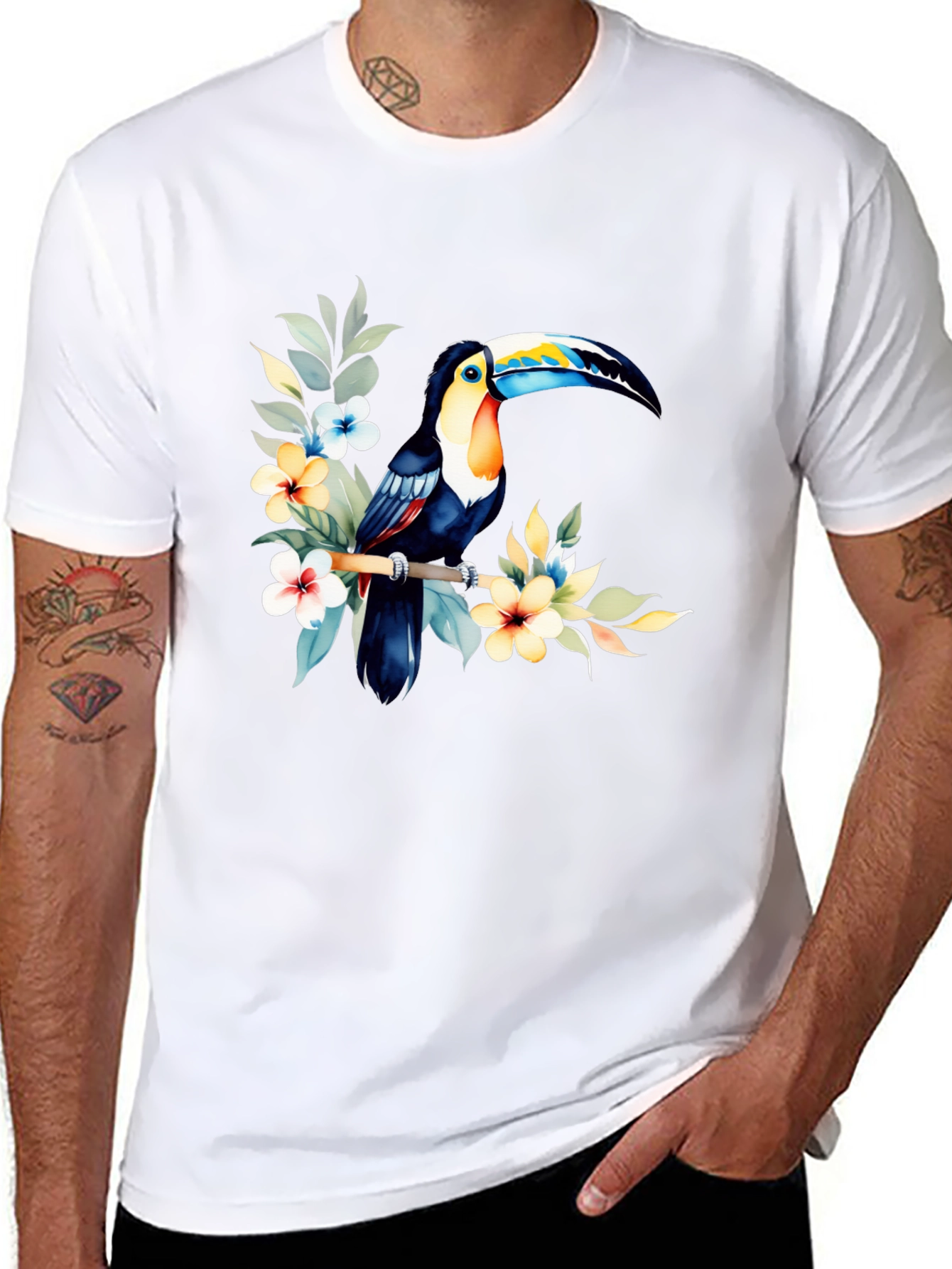Tropical Toucan Graphic Tee - Black Cotton T-Shirt
