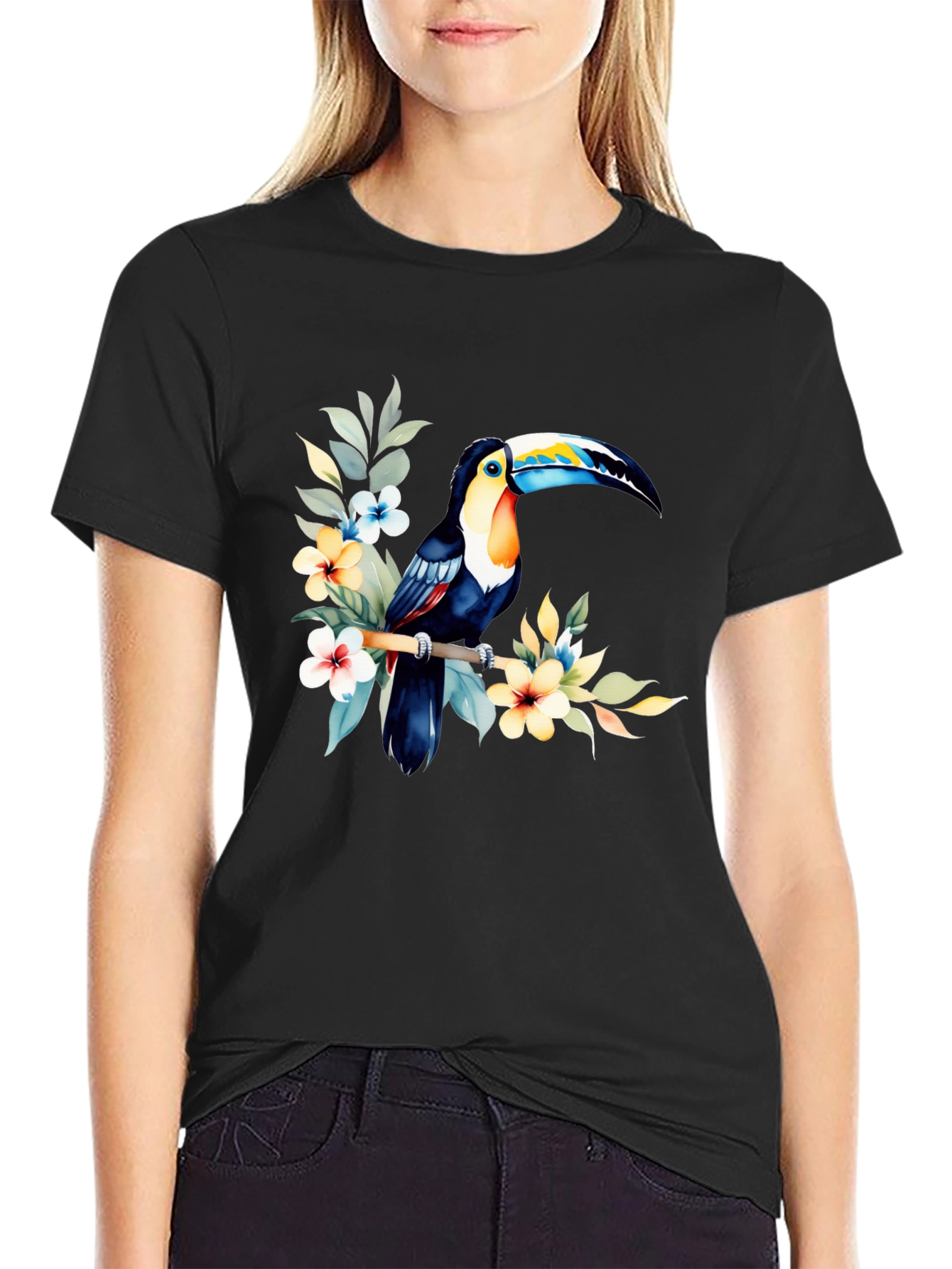 Tropical Toucan Graphic Tee - Black Cotton T-Shirt