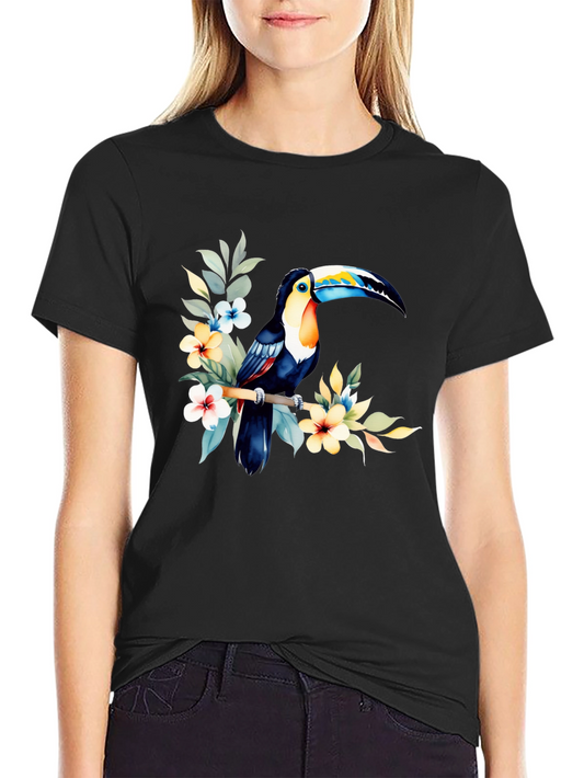 Tropical Toucan Graphic Tee - Black Cotton T-Shirt