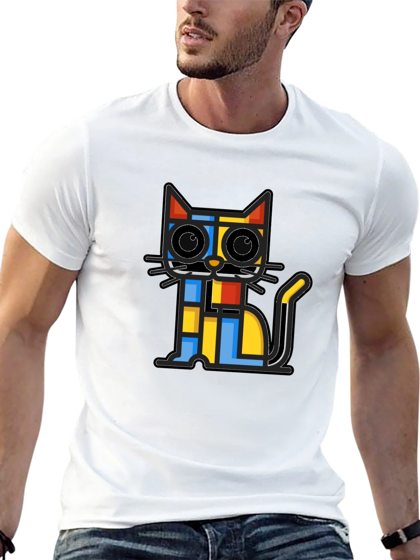 Geometric Cat Graphic Black T-Shirt