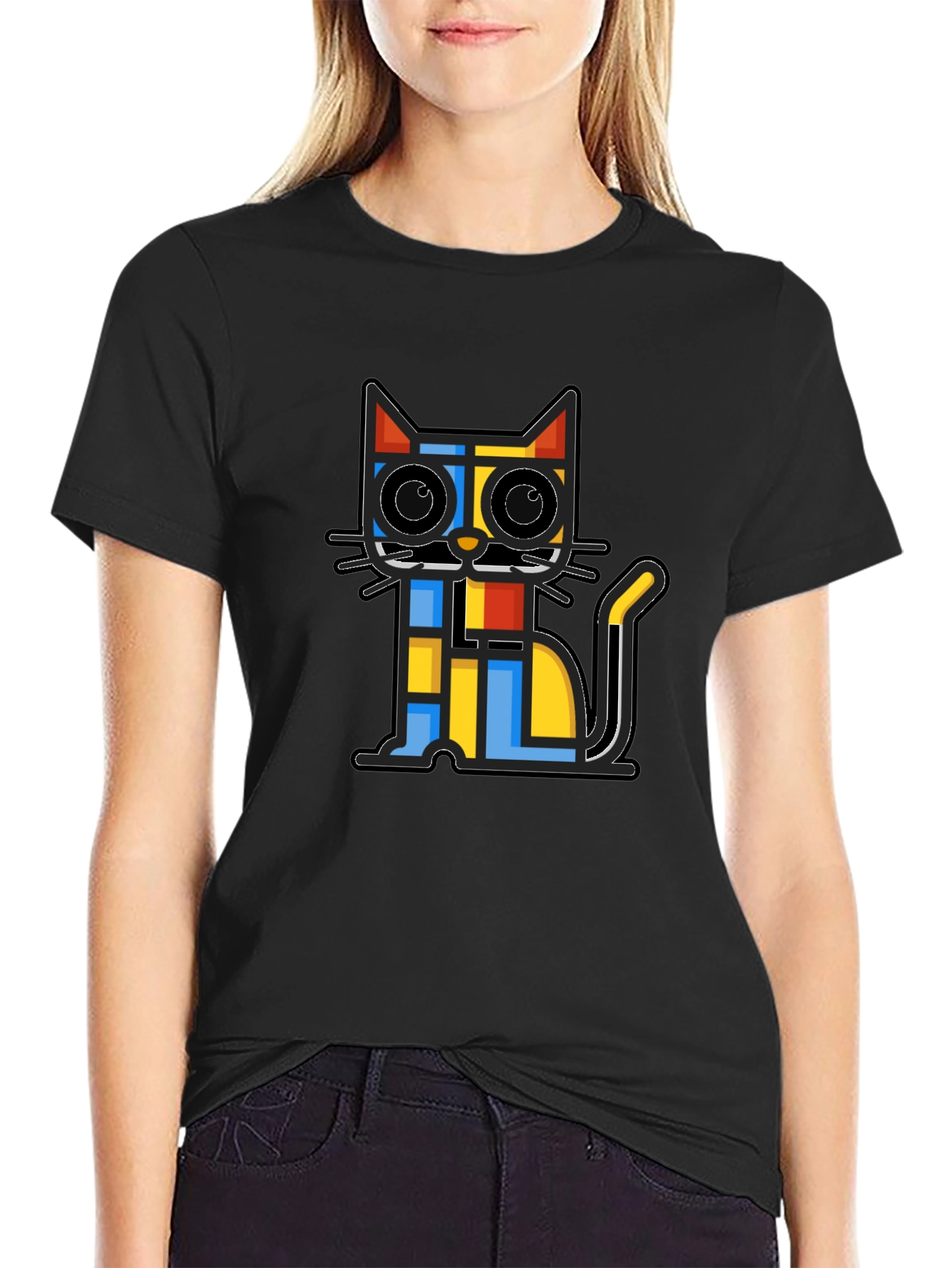 Geometric Cat Graphic Black T-Shirt