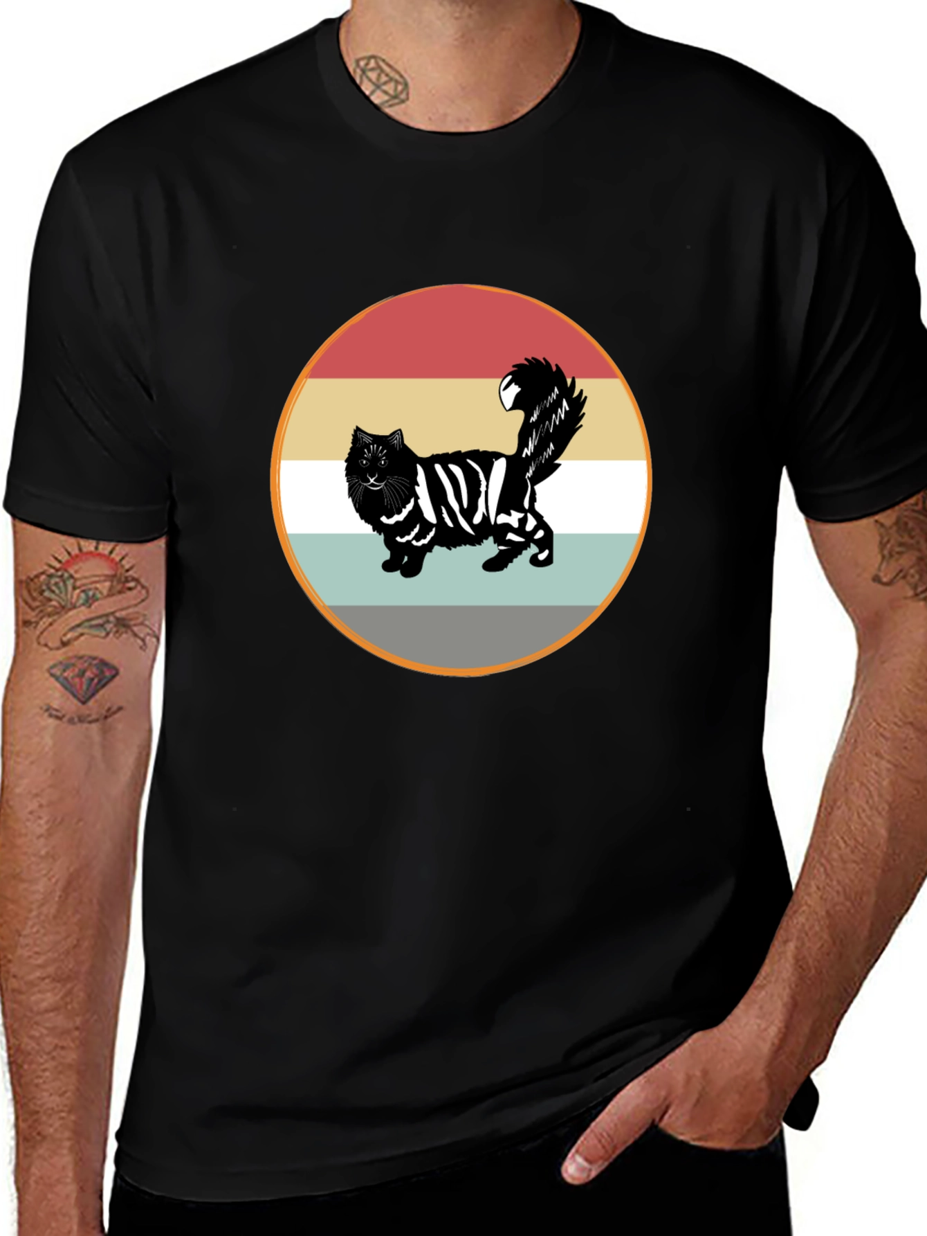 Retro Striped Cat Graphic Tee - Black