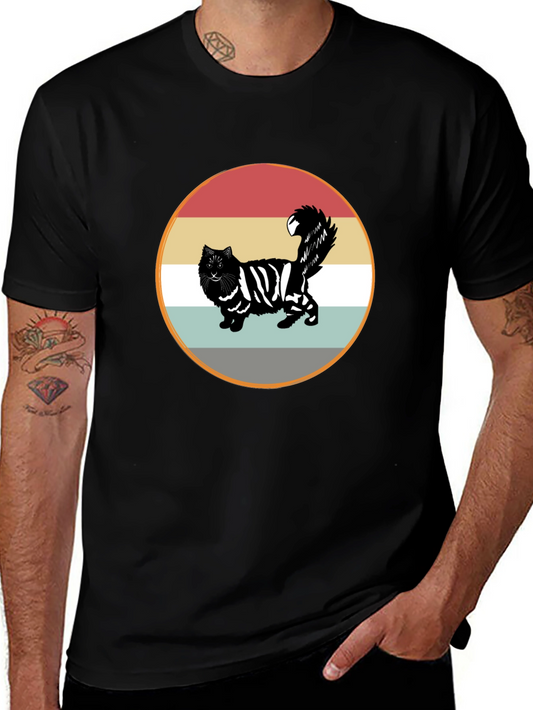 Retro Striped Cat Graphic Tee - Black