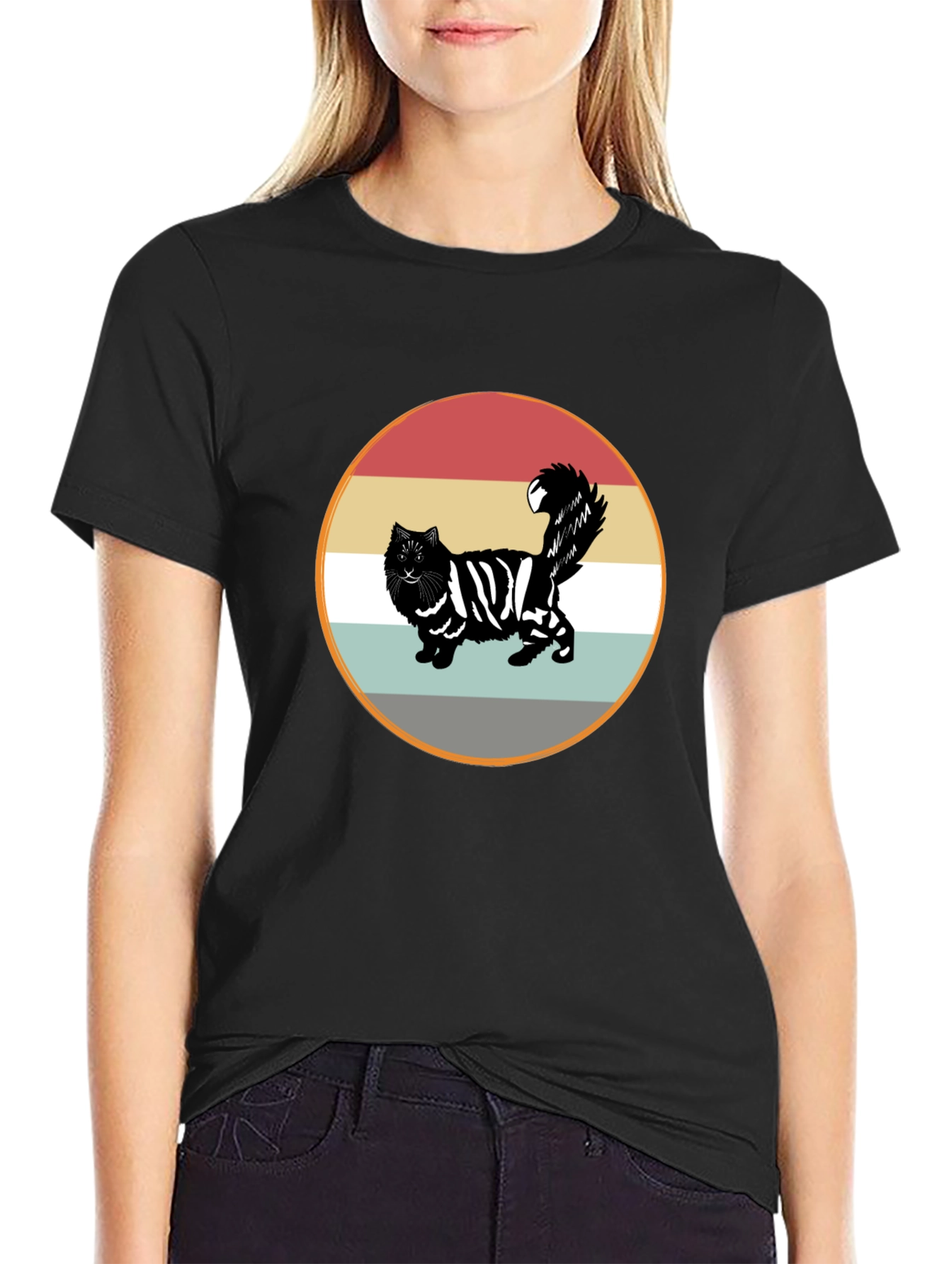 Retro Striped Cat Graphic Tee - Black