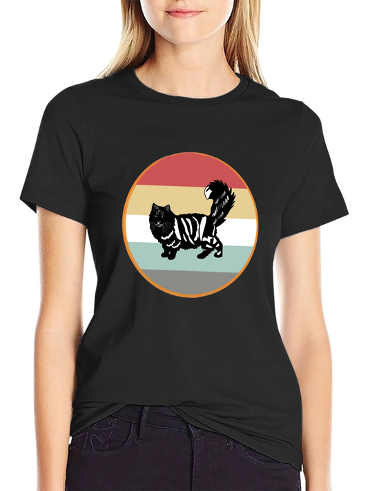 Retro Striped Cat Graphic Tee - Black
