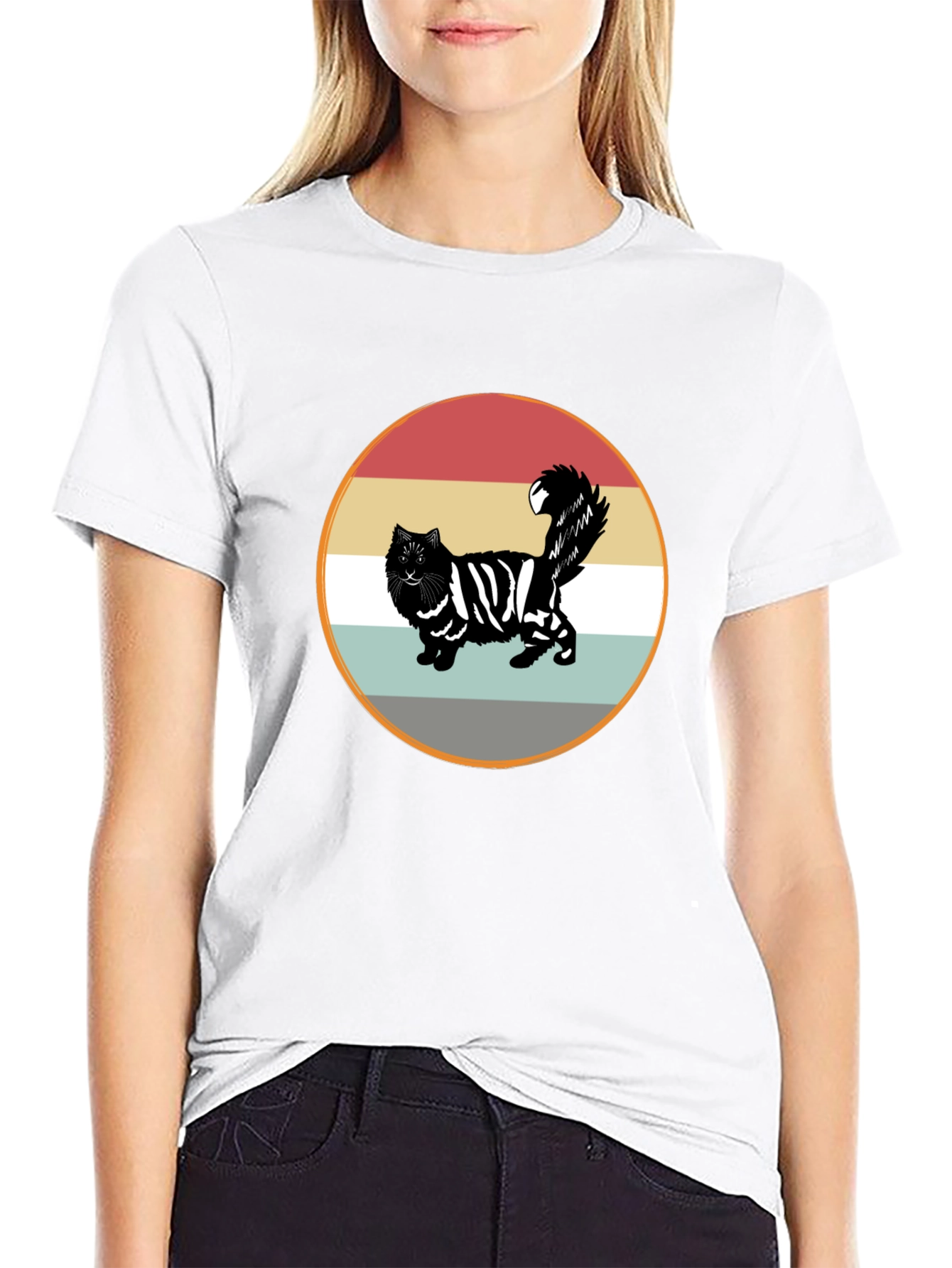 Retro Striped Cat Graphic Tee - Black