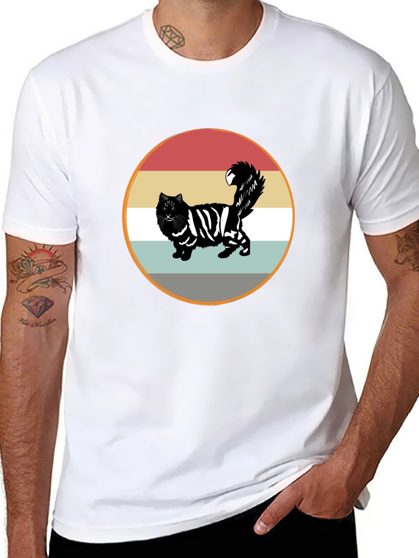 Retro Striped Cat Graphic Tee - Black