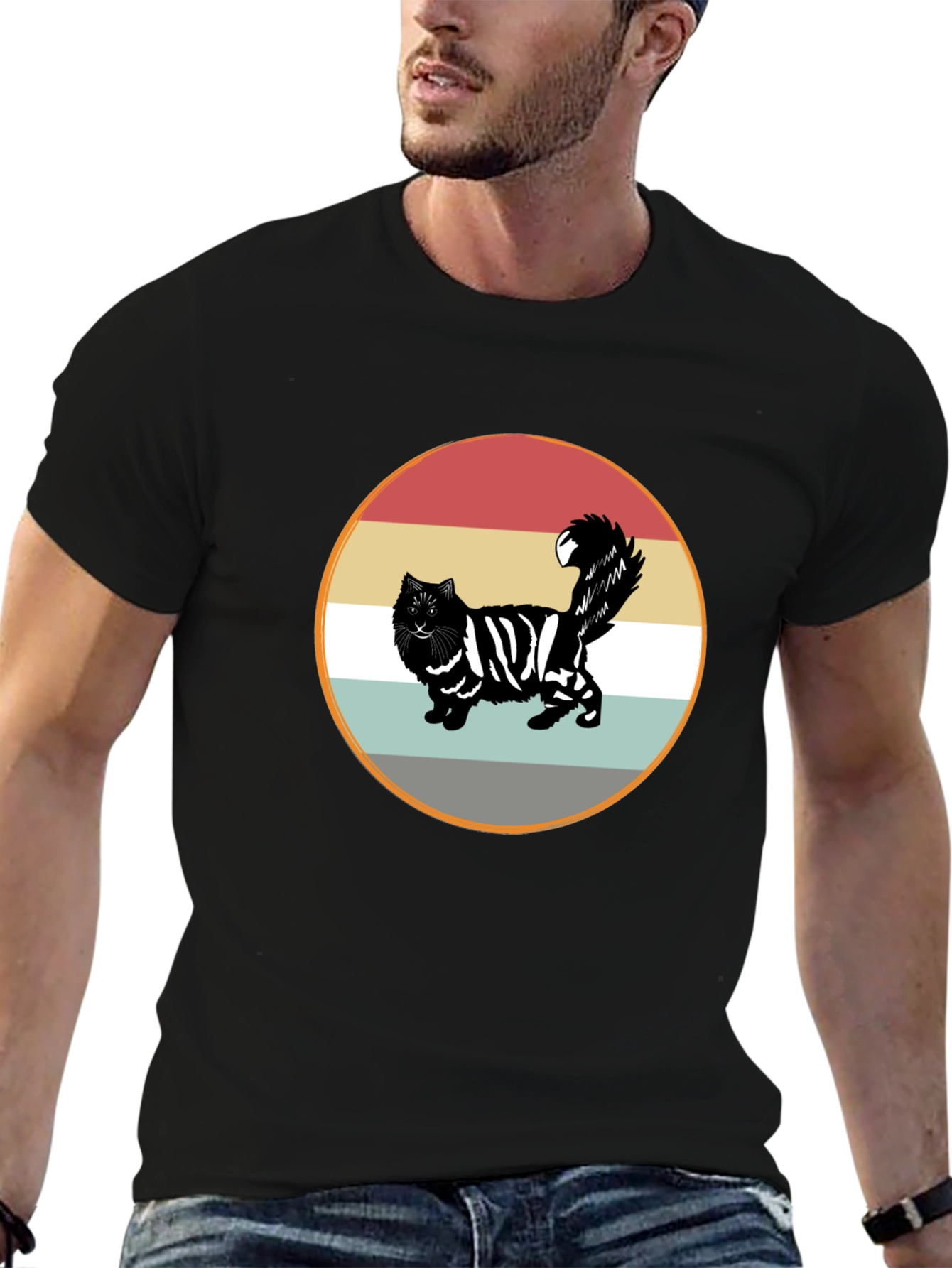 Retro Striped Cat Graphic Tee - Black