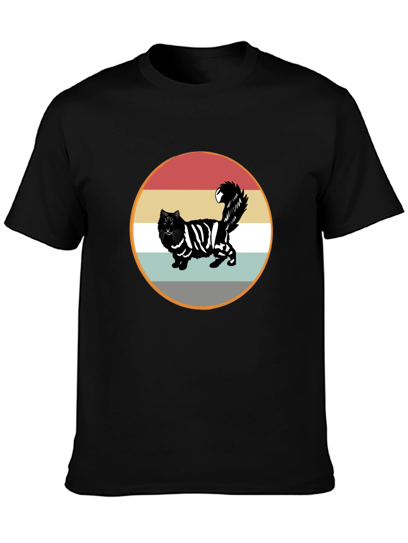 Retro Striped Cat Graphic Tee - Black