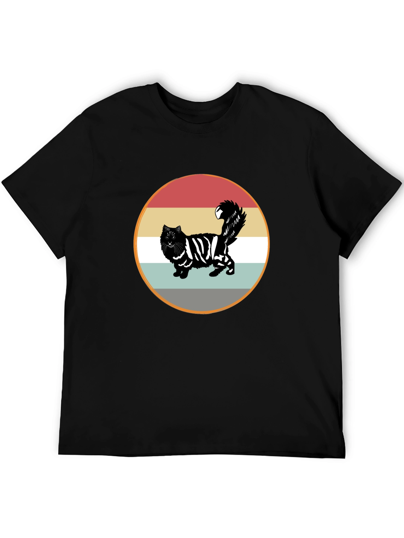 Retro Striped Cat Graphic Tee - Black