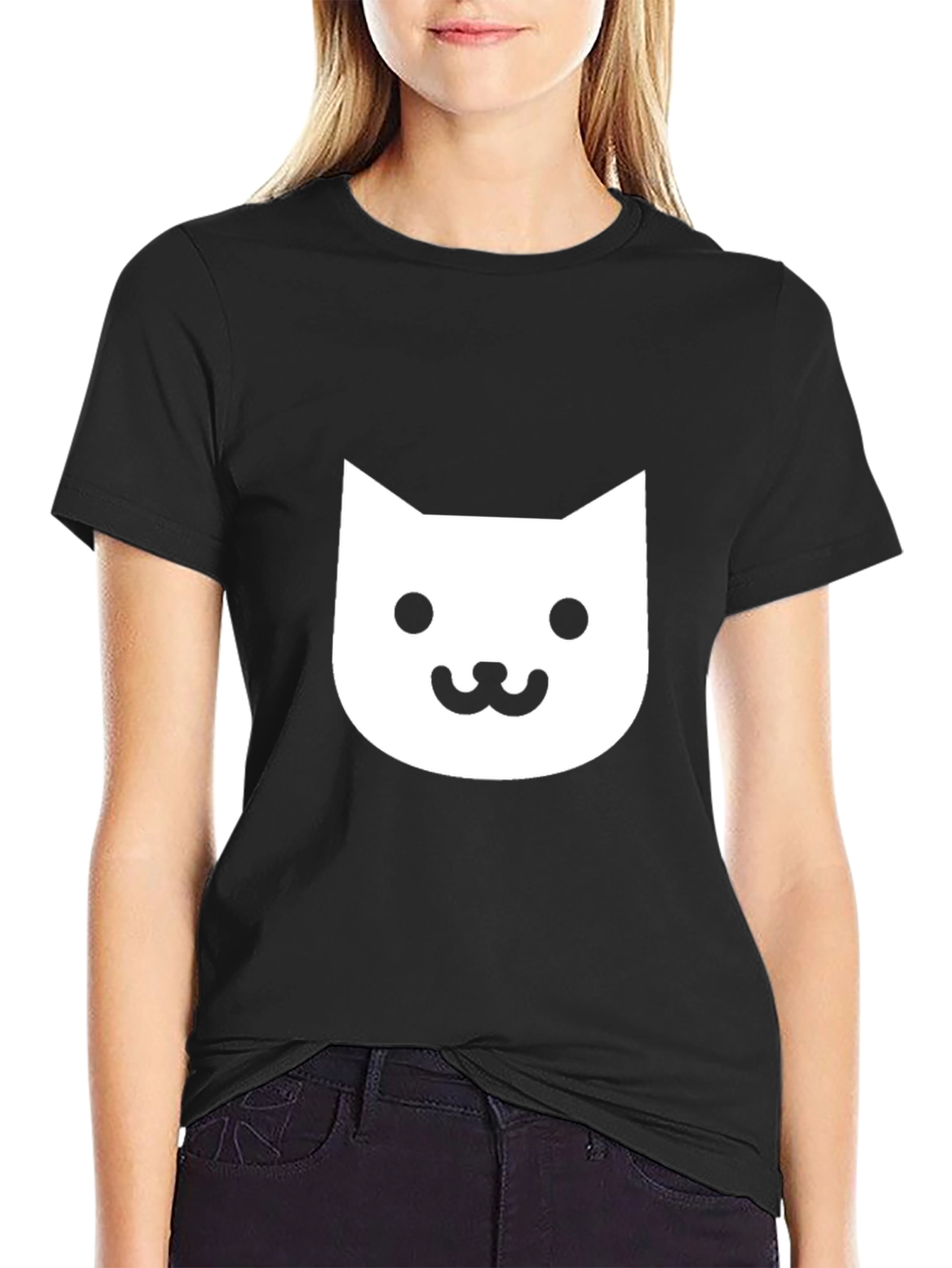Cute Cat Face Graphic Tee - Black Cotton T-Shirt