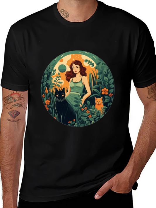 Whimsical Woman & Cats Graphic Tee - Stylish Comfort