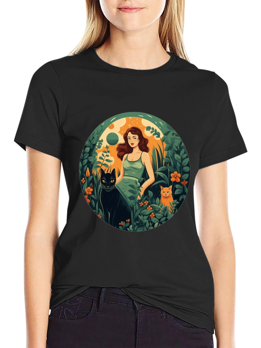 Whimsical Woman & Cats Graphic Tee - Stylish Comfort