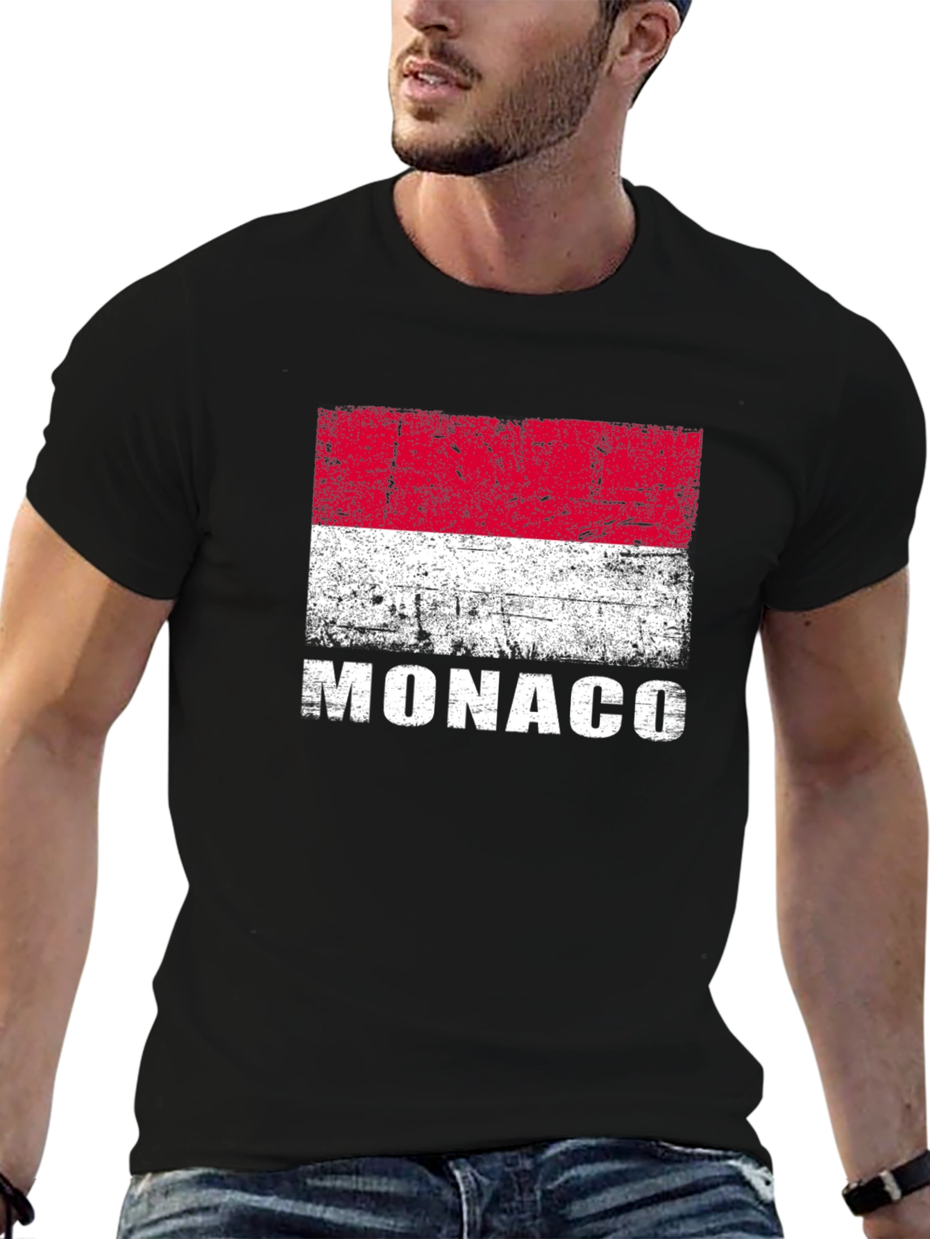 Monaco Flag Distressed Graphic T-Shirt - Black
