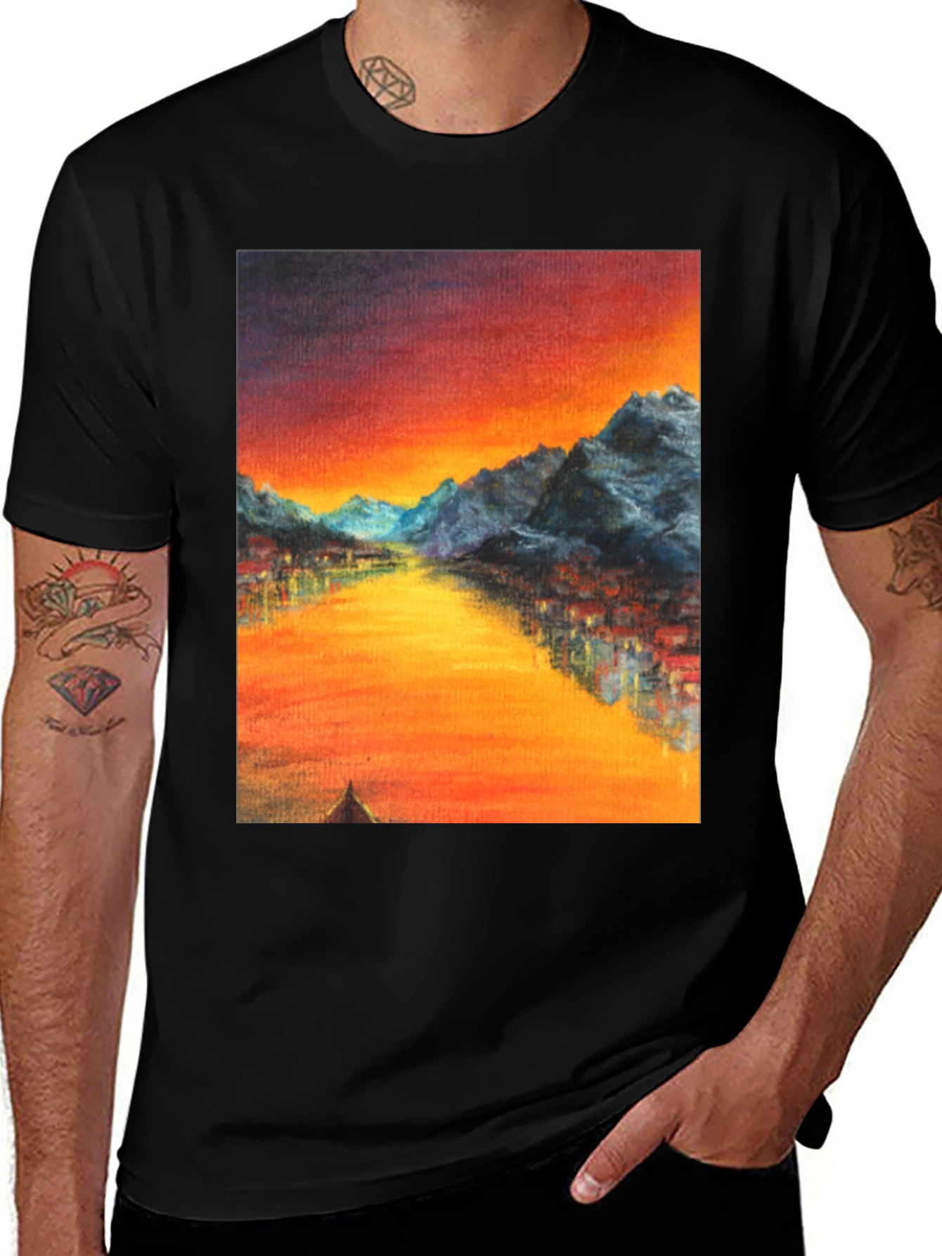 Sunset Mountain River Graphic Tee - Black
