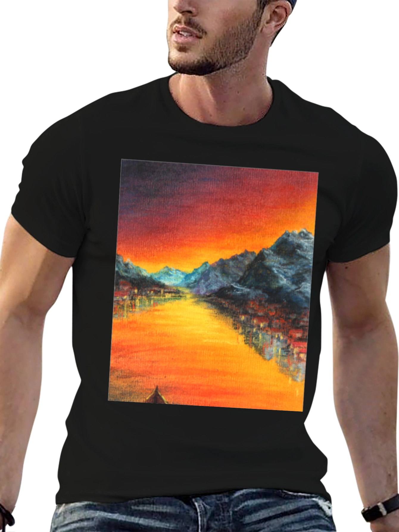 Sunset Mountain River Graphic Tee - Black