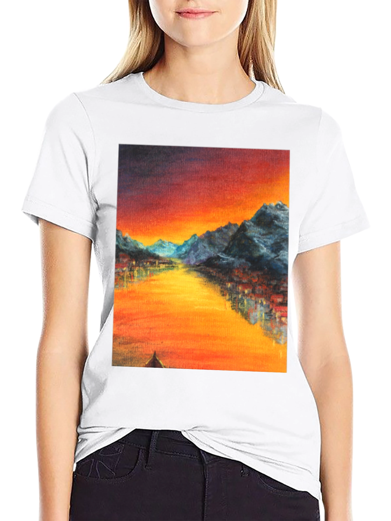 Sunset Mountain River Graphic Tee - Black