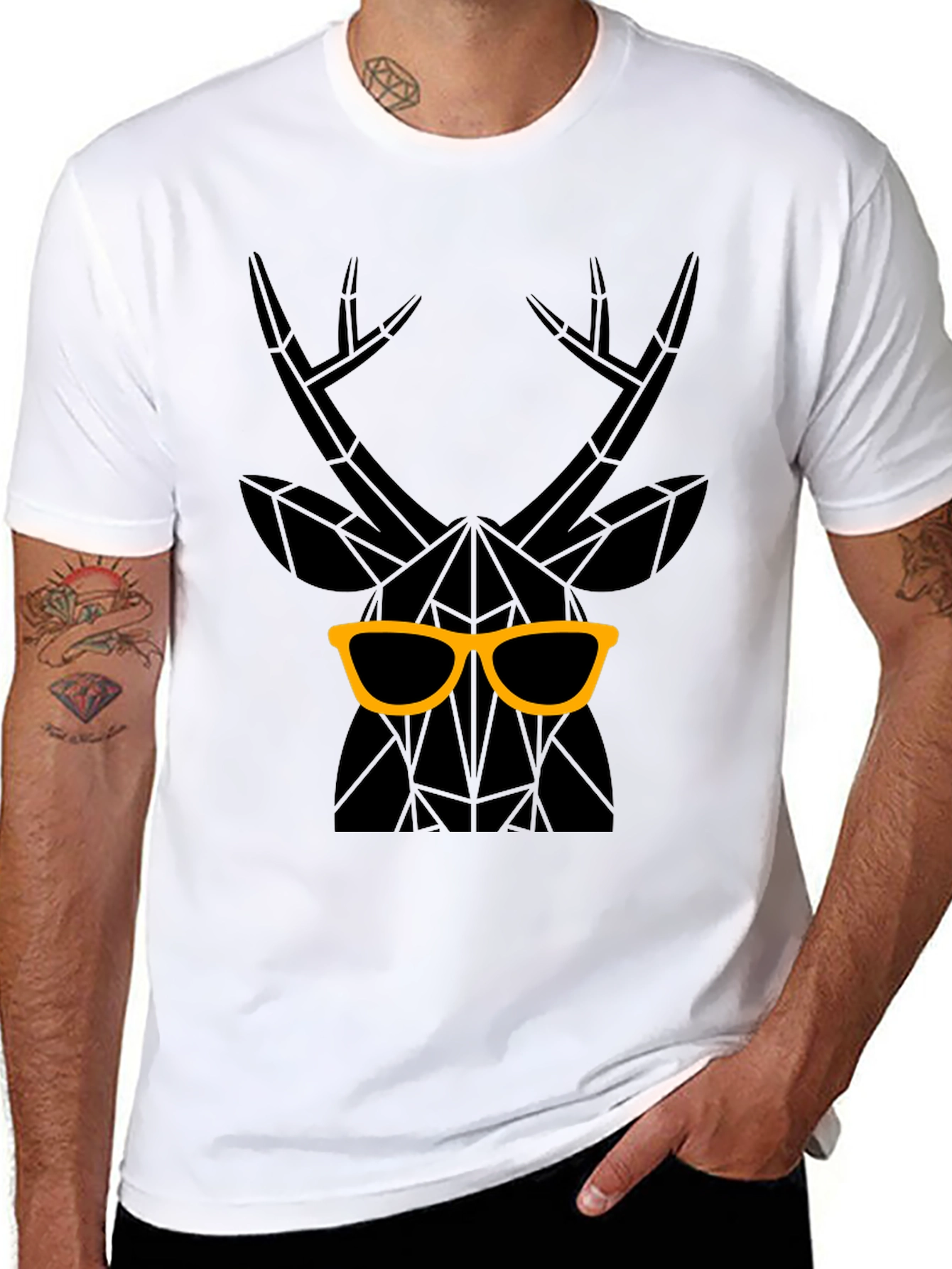 Geometric Deer with Glasses Graphic Tee - Black