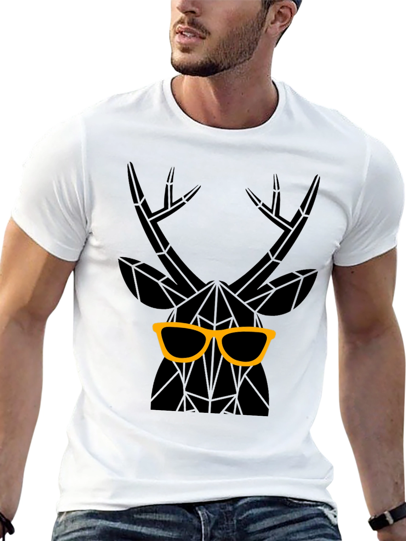Geometric Deer with Glasses Graphic Tee - Black