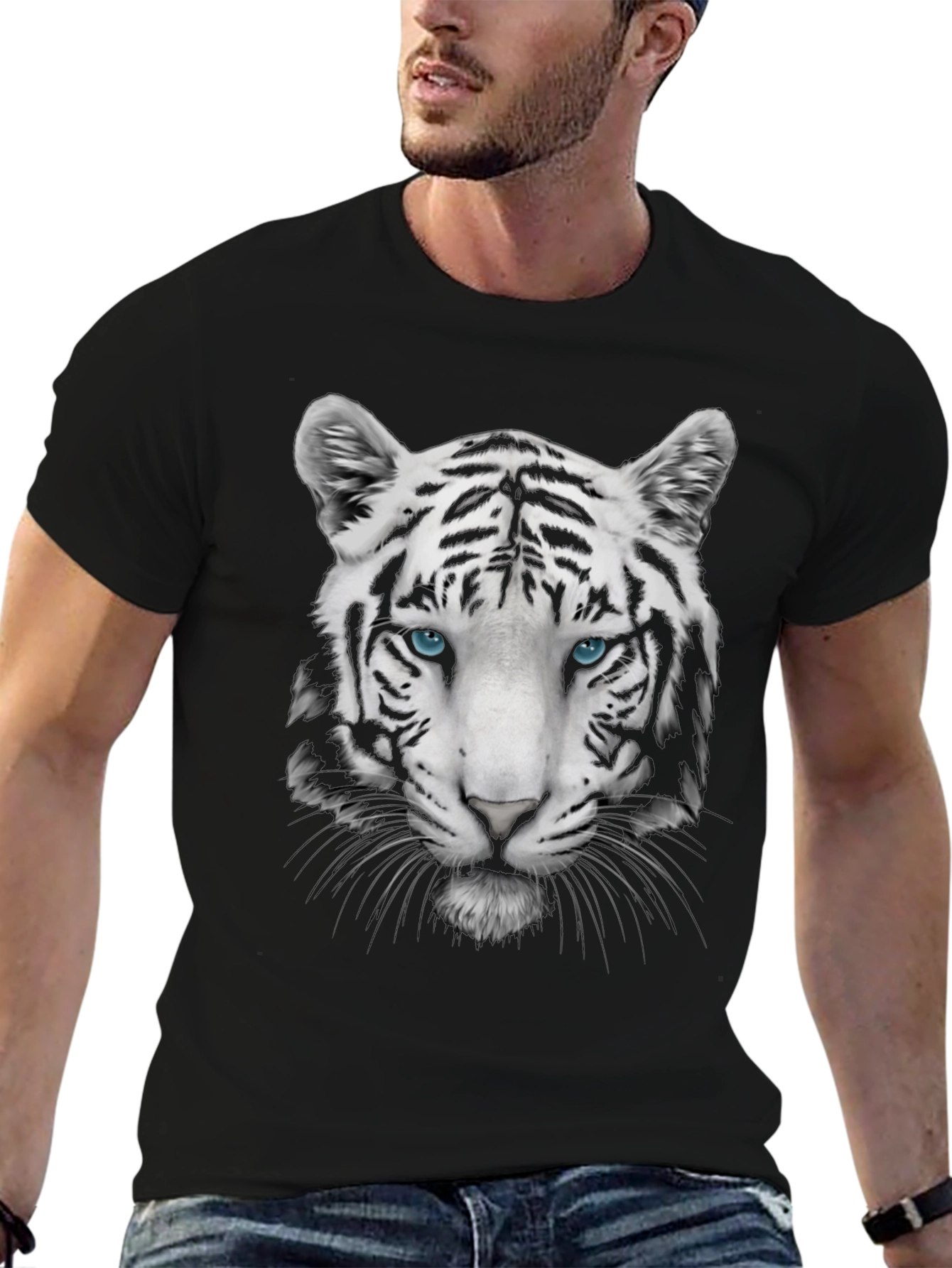 Cool White Tiger Graphic Print Tee - Black