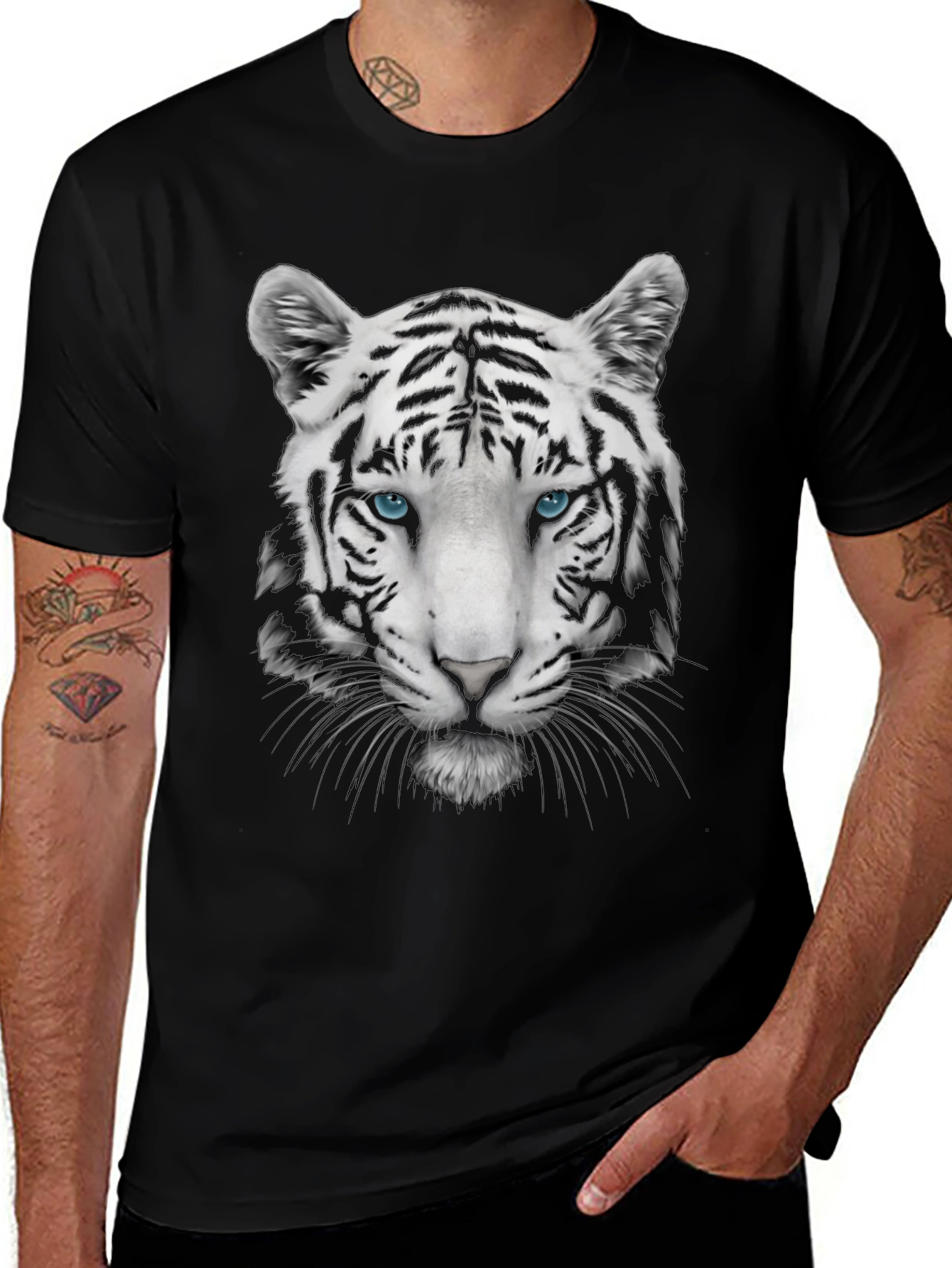 Cool White Tiger Graphic Print Tee - Black