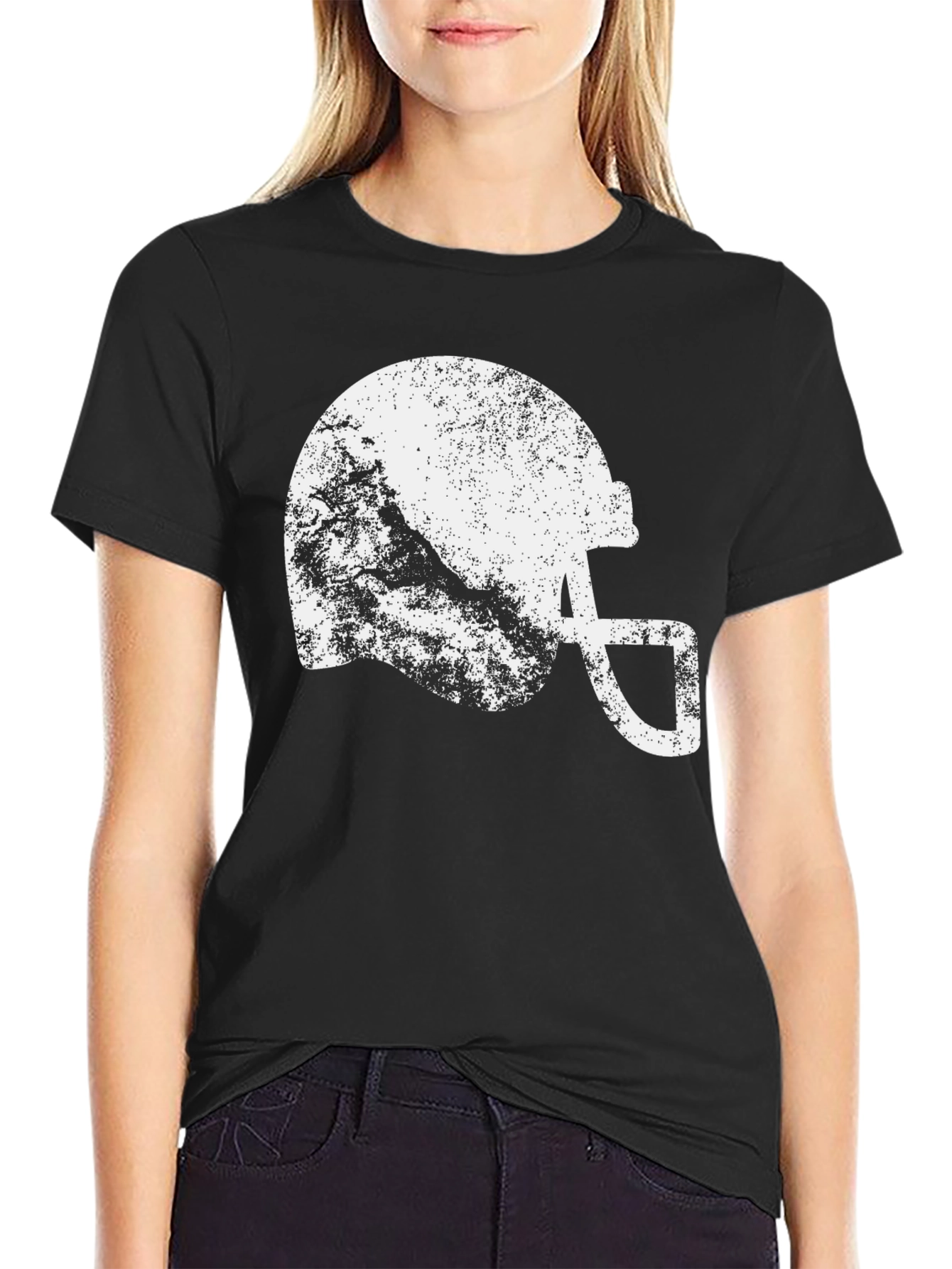 Distressed Football Helmet Graphic Tee - Black