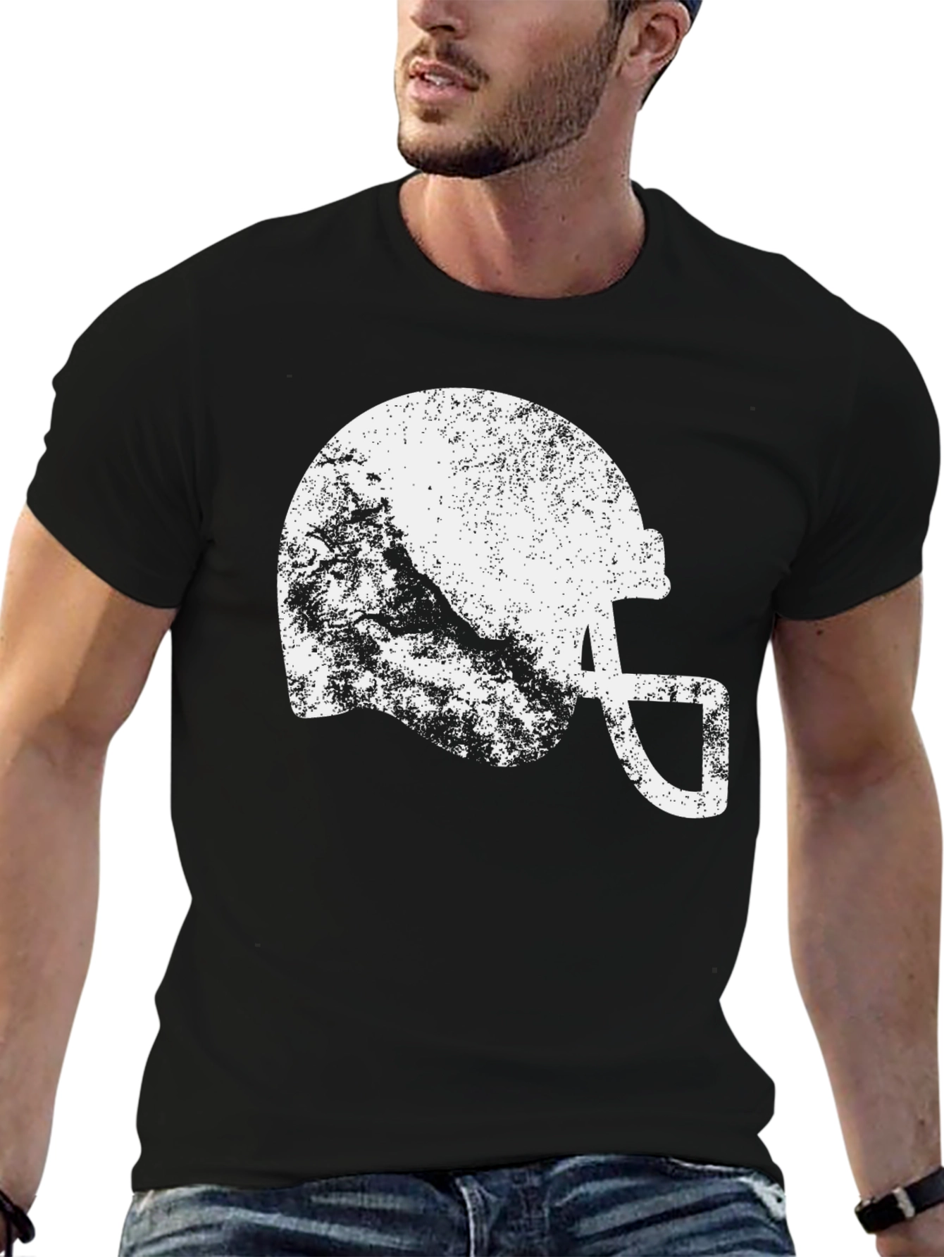 Distressed Football Helmet Graphic Tee - Black