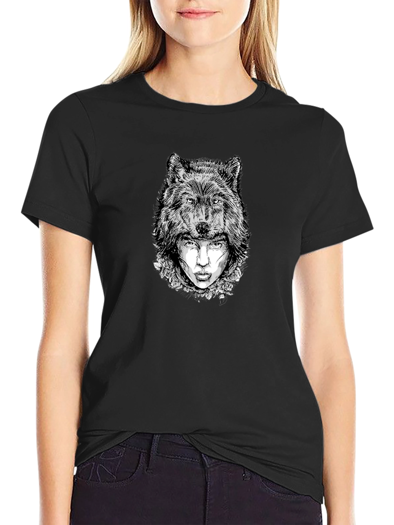 Wolf Woman Graphic Tee - Black Cotton Blend