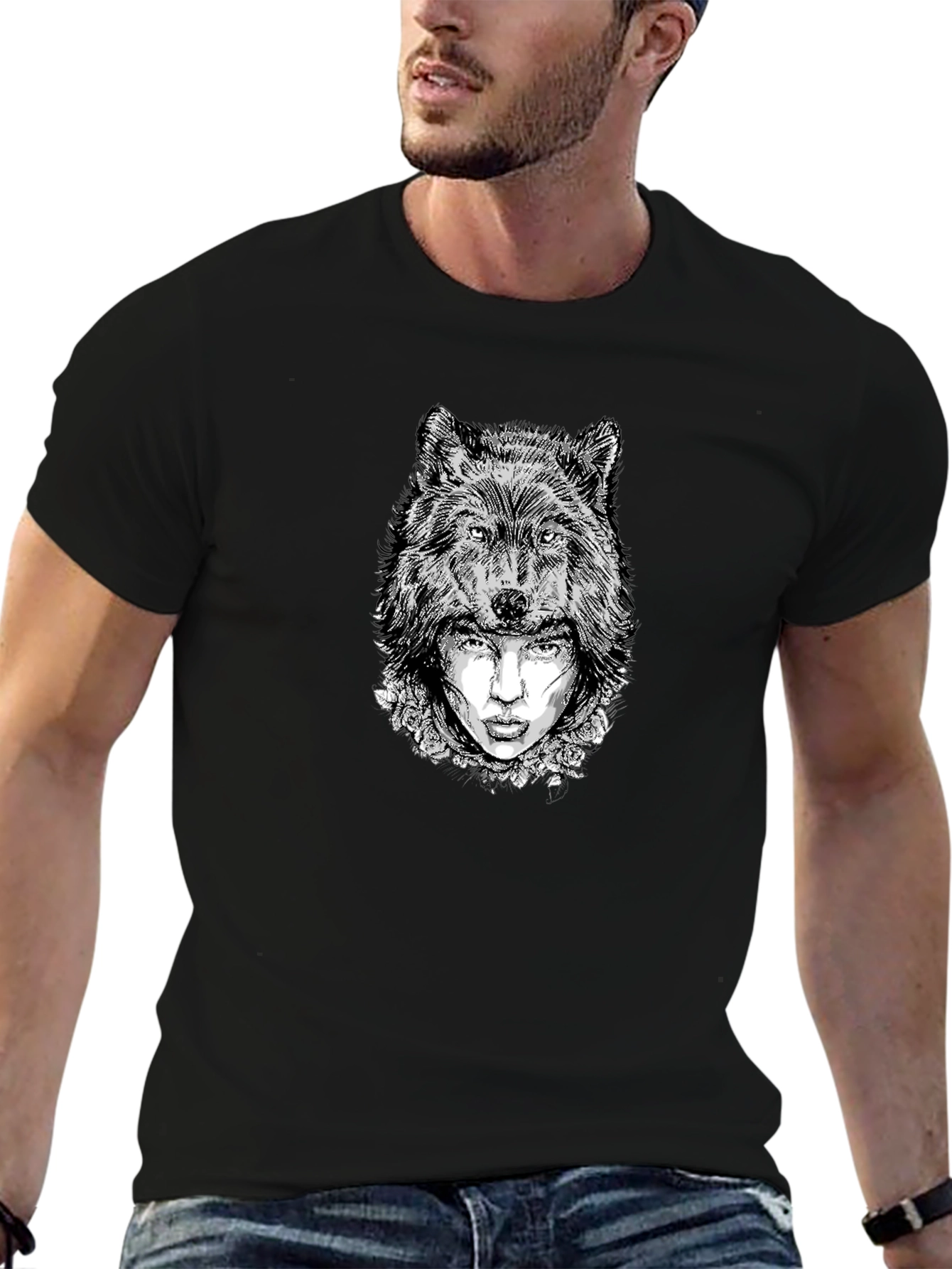 Wolf Woman Graphic Tee - Black Cotton Blend