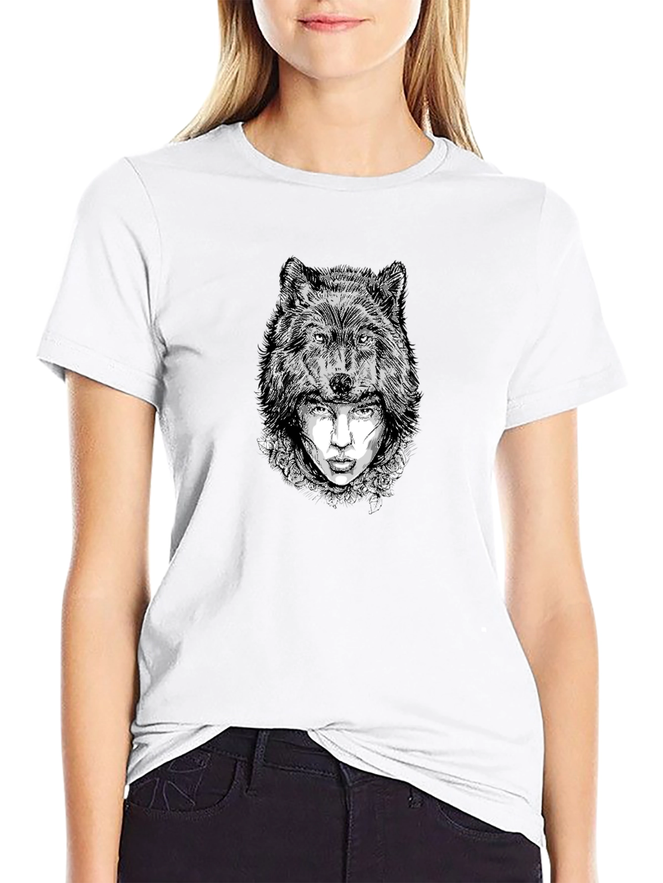 Wolf Woman Graphic Tee - Black Cotton Blend