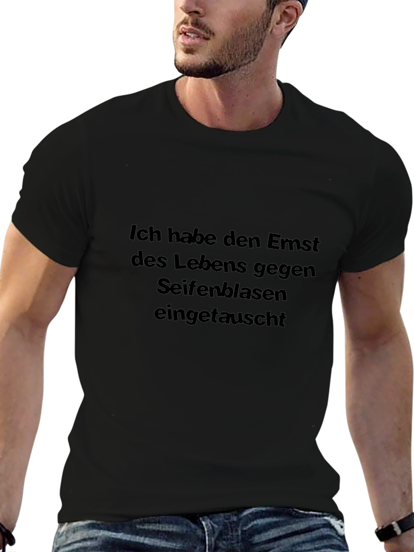 Black T-Shirt with German Text Graphic