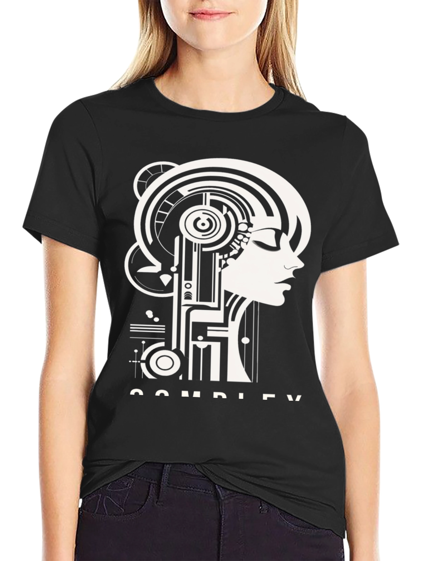 Abstract Art Deco Face Graphic Black T-Shirt
