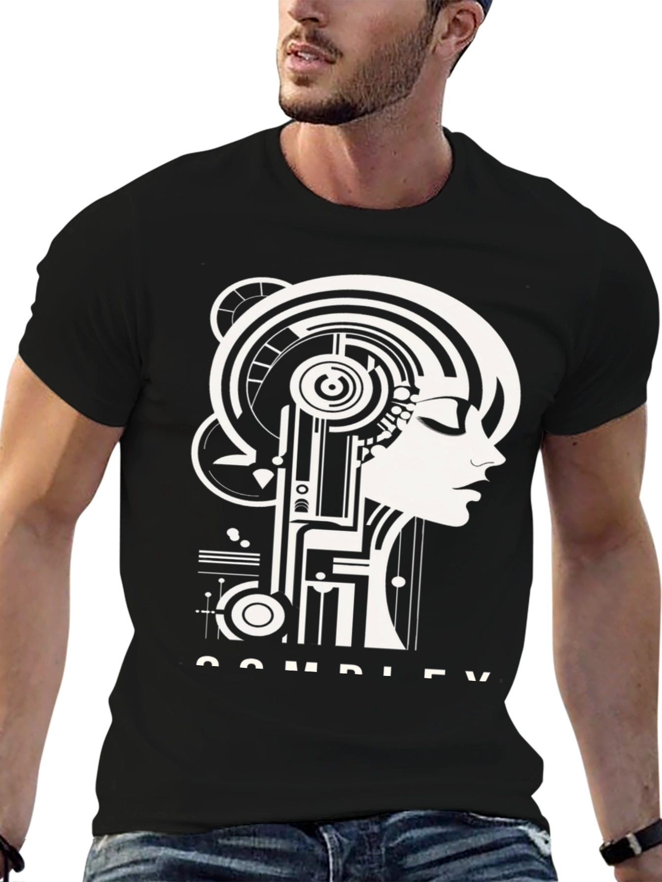 Abstract Art Deco Face Graphic Black T-Shirt