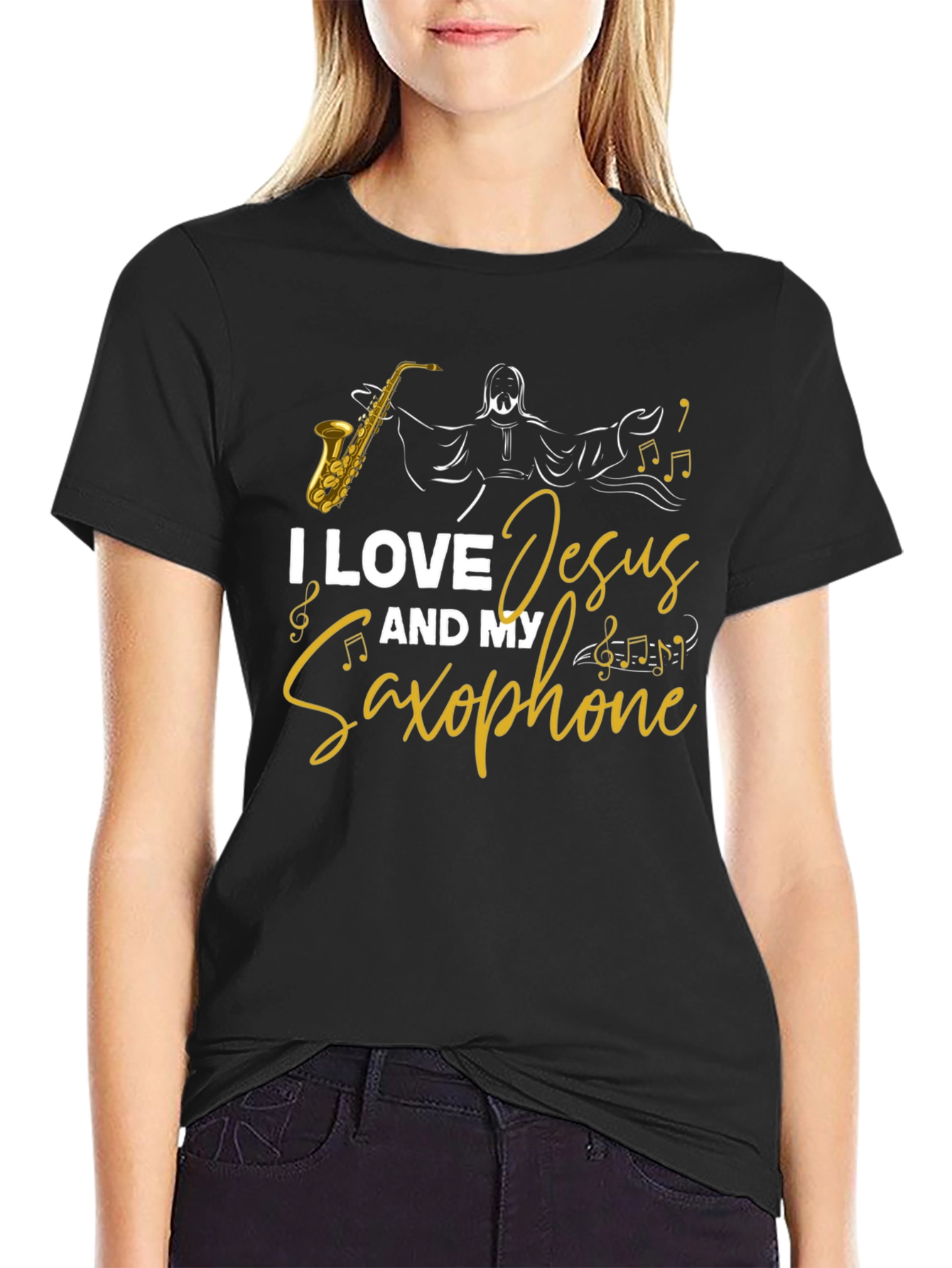 I Love Jesus and My Saxophone Black T-Shirt