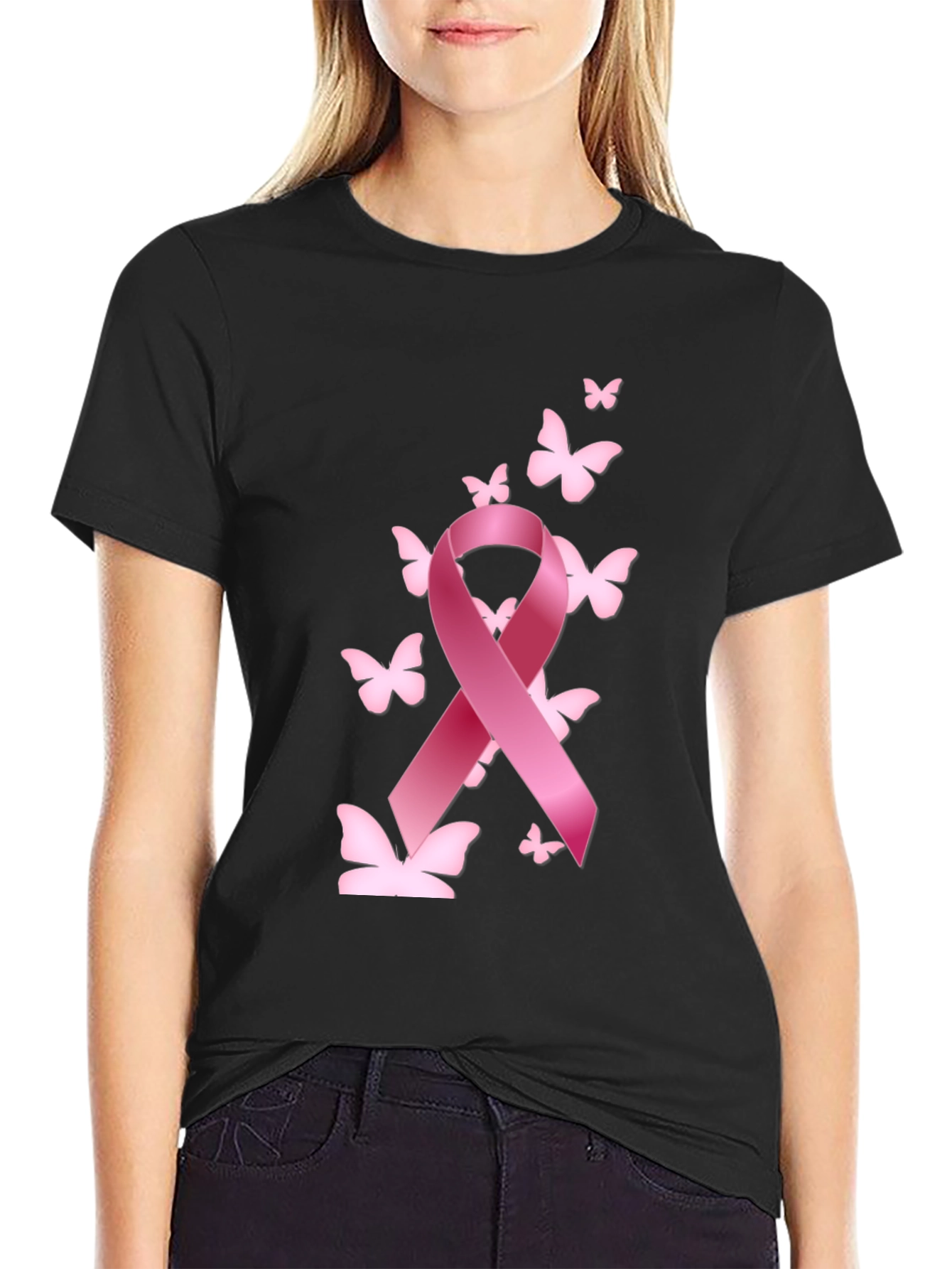 Breast Cancer Awareness T-Shirt Pink Ribbon Butterfly Graphic Tee