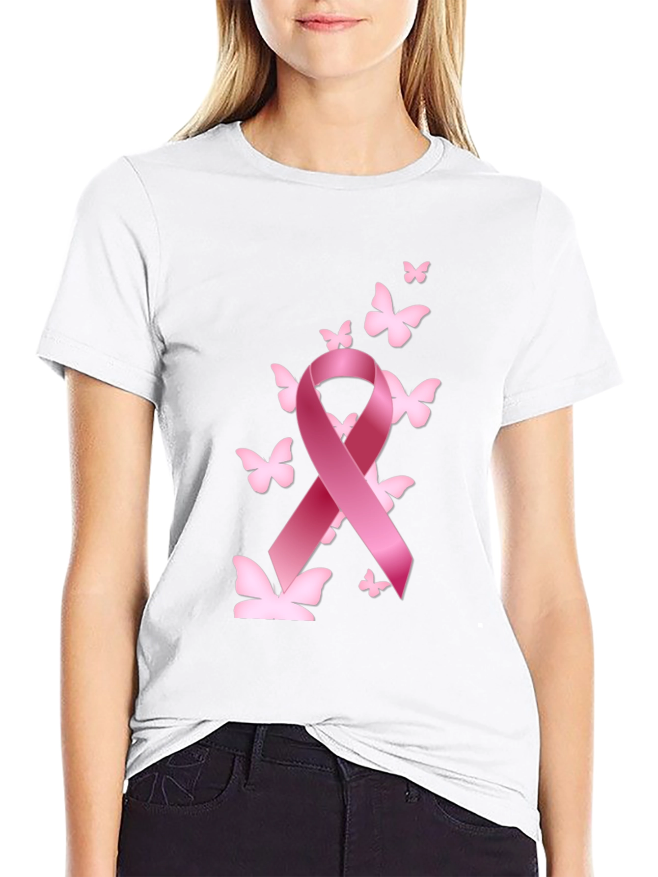 Breast Cancer Awareness T-Shirt Pink Ribbon Butterfly Graphic Tee
