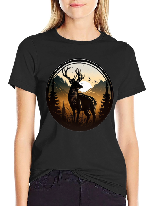Stag Graphic Tee - Nature Scene Black T-Shirt