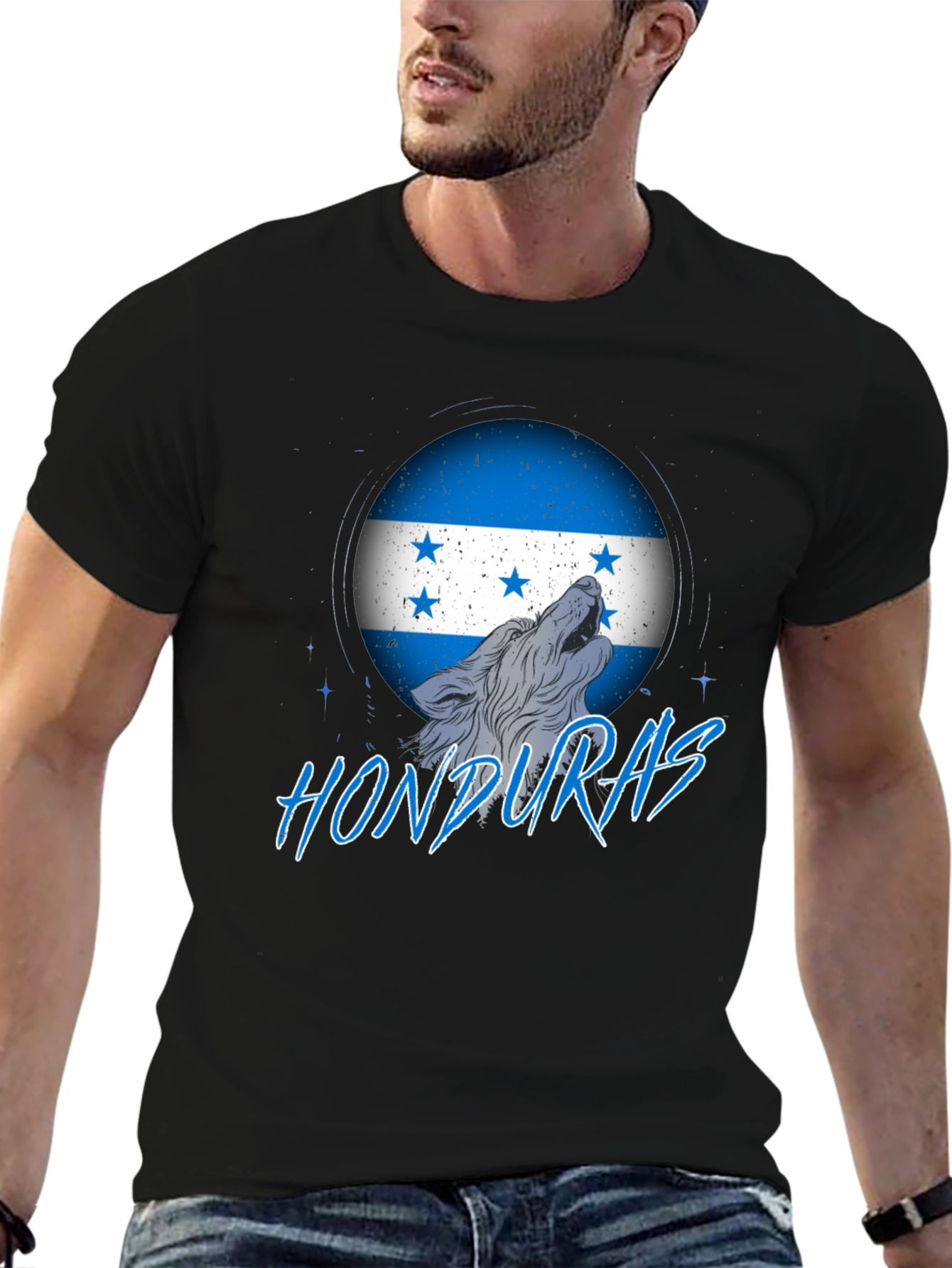 Honduras Flag Wolf Graphic Print Tee - Black