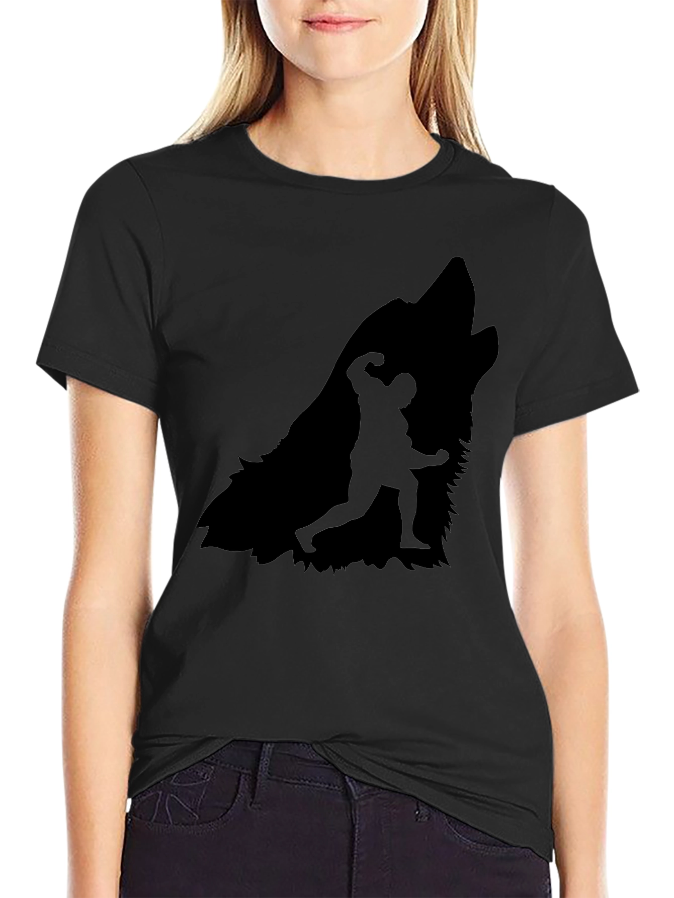 Wolf Howling Bodybuilder Silhouette Graphic Tee - Black