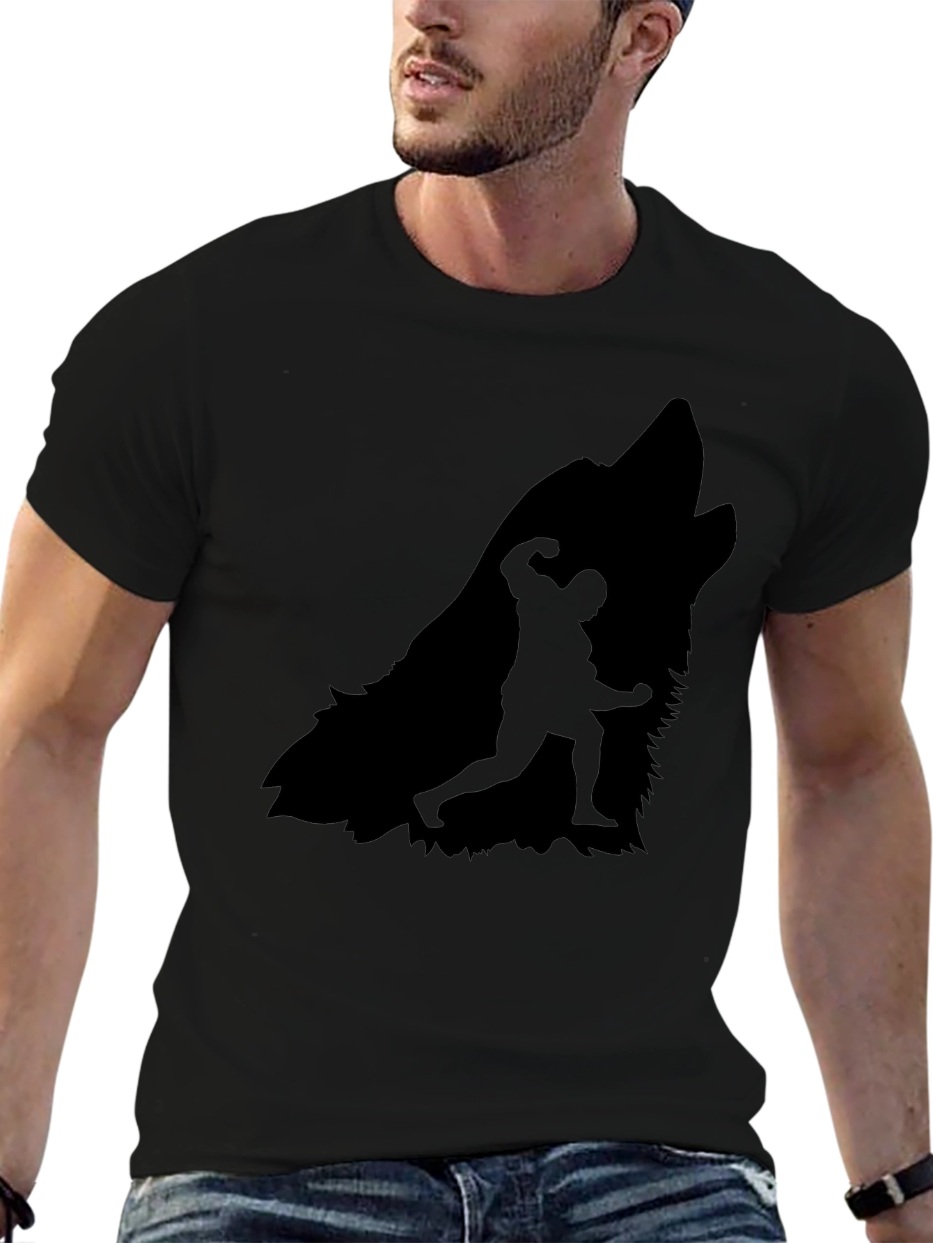 Wolf Howling Bodybuilder Silhouette Graphic Tee - Black