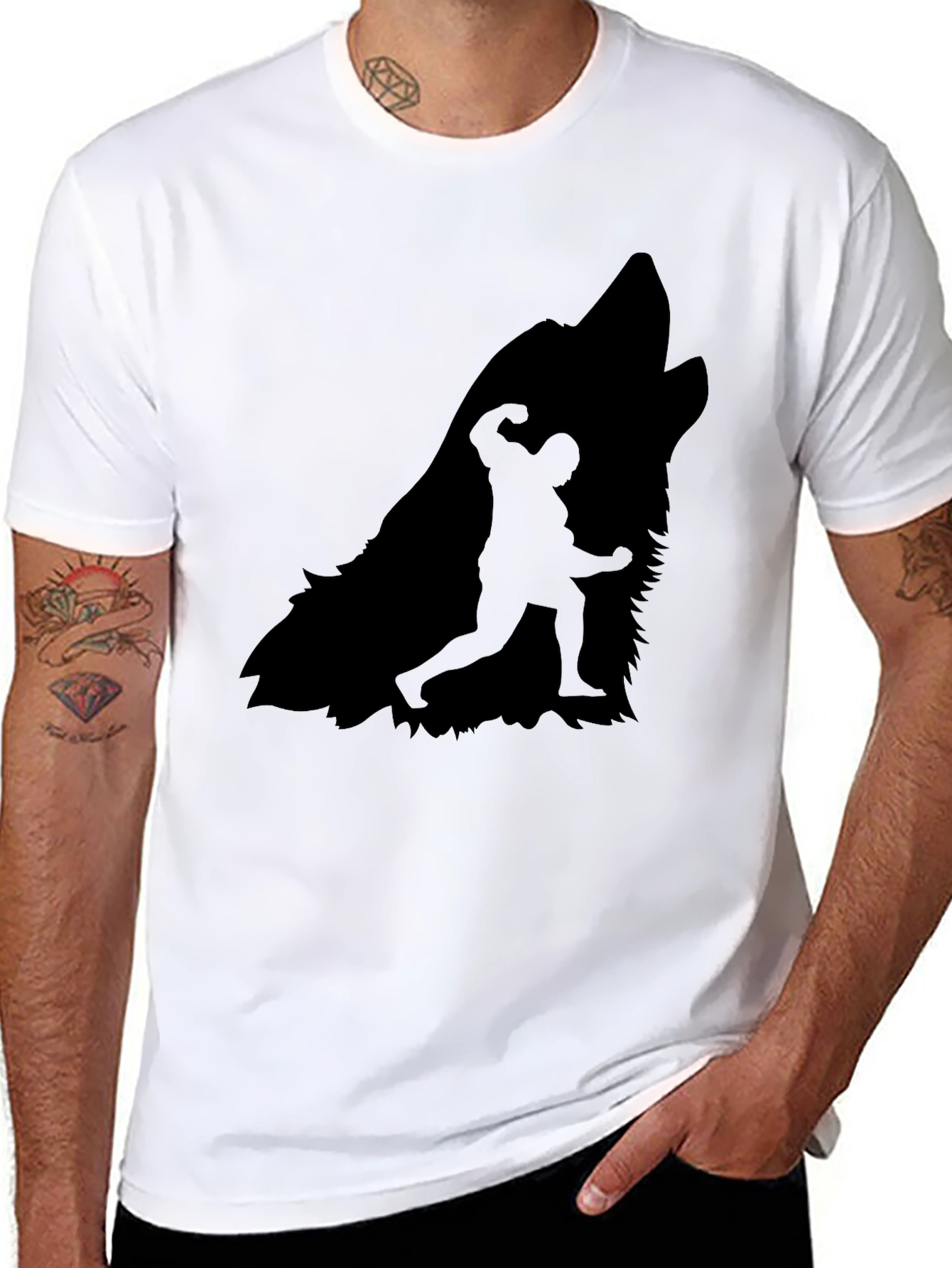 Wolf Howling Bodybuilder Silhouette Graphic Tee - Black