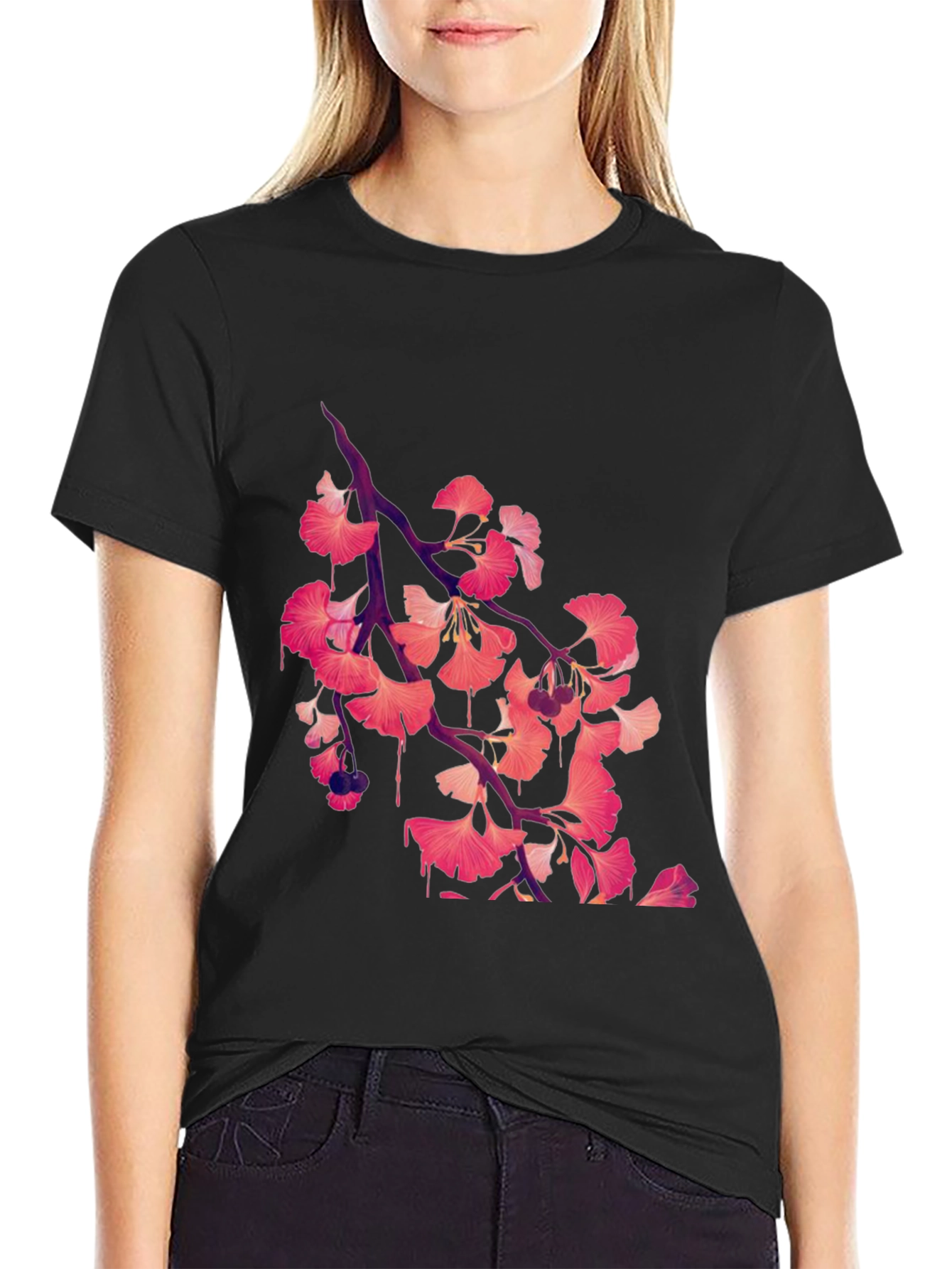 Gingko Leaf Graphic Black Tee
