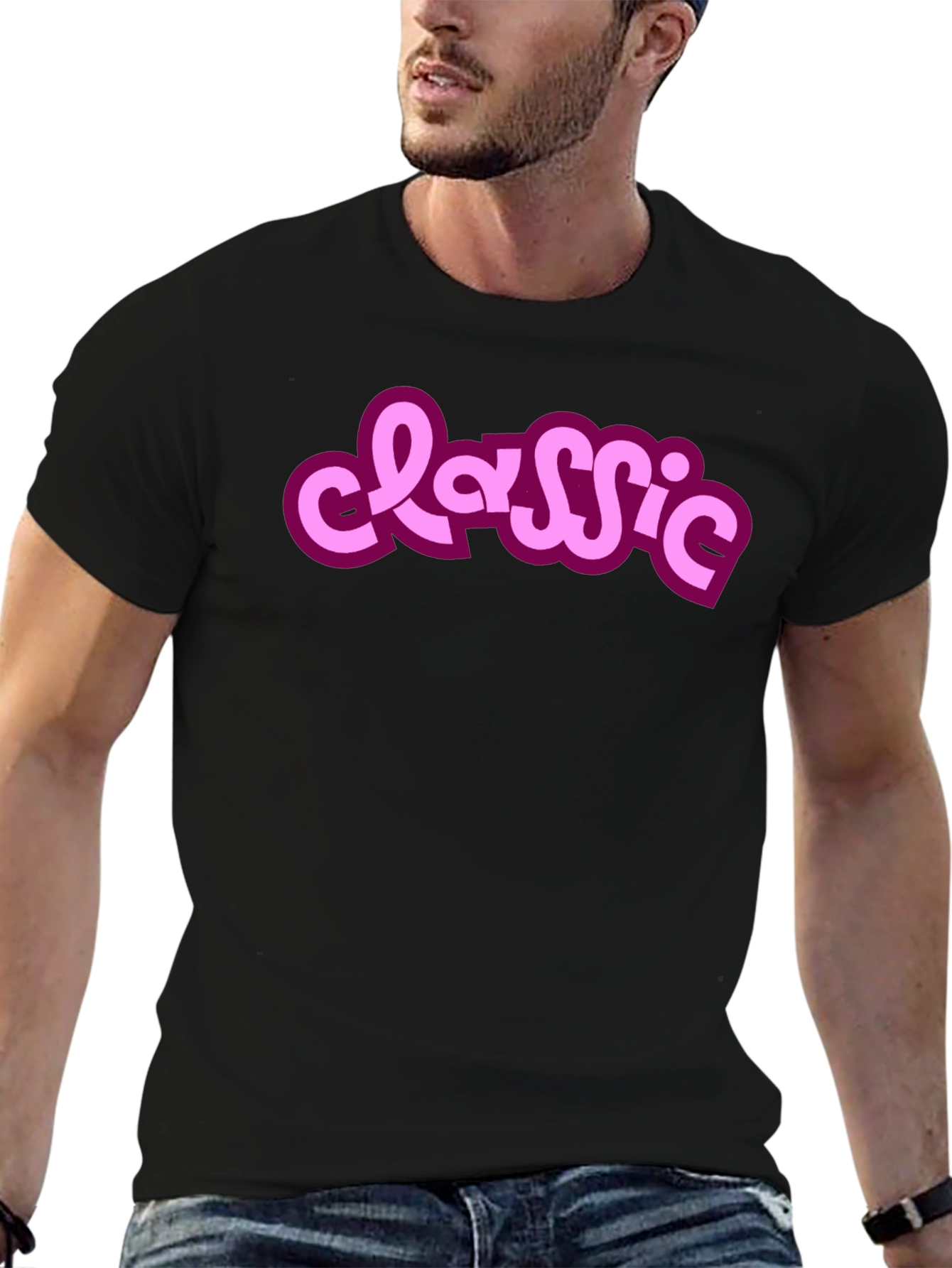 Classic Style Black Tee with Pink Lettering