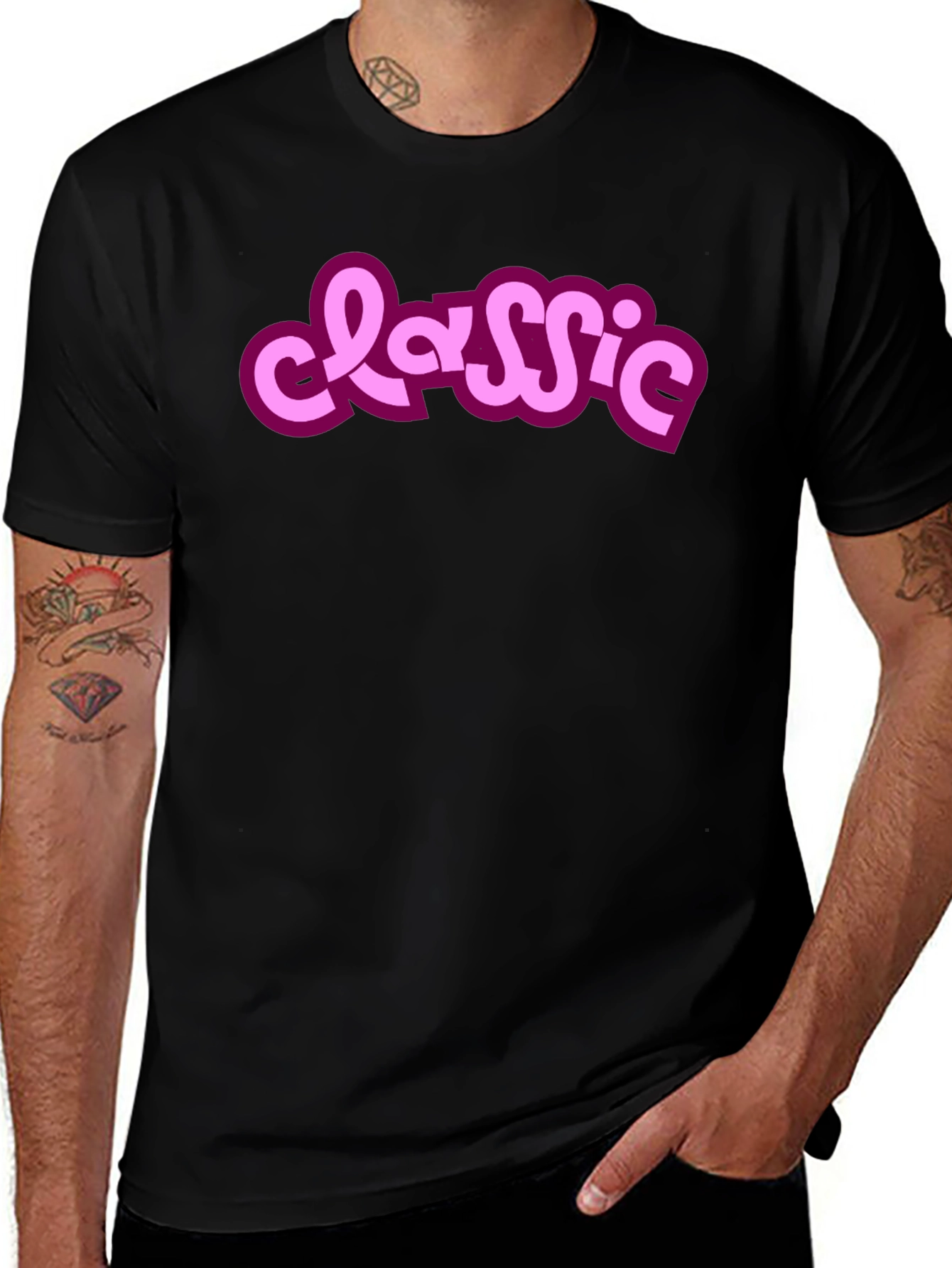 Classic Style Black Tee with Pink Lettering