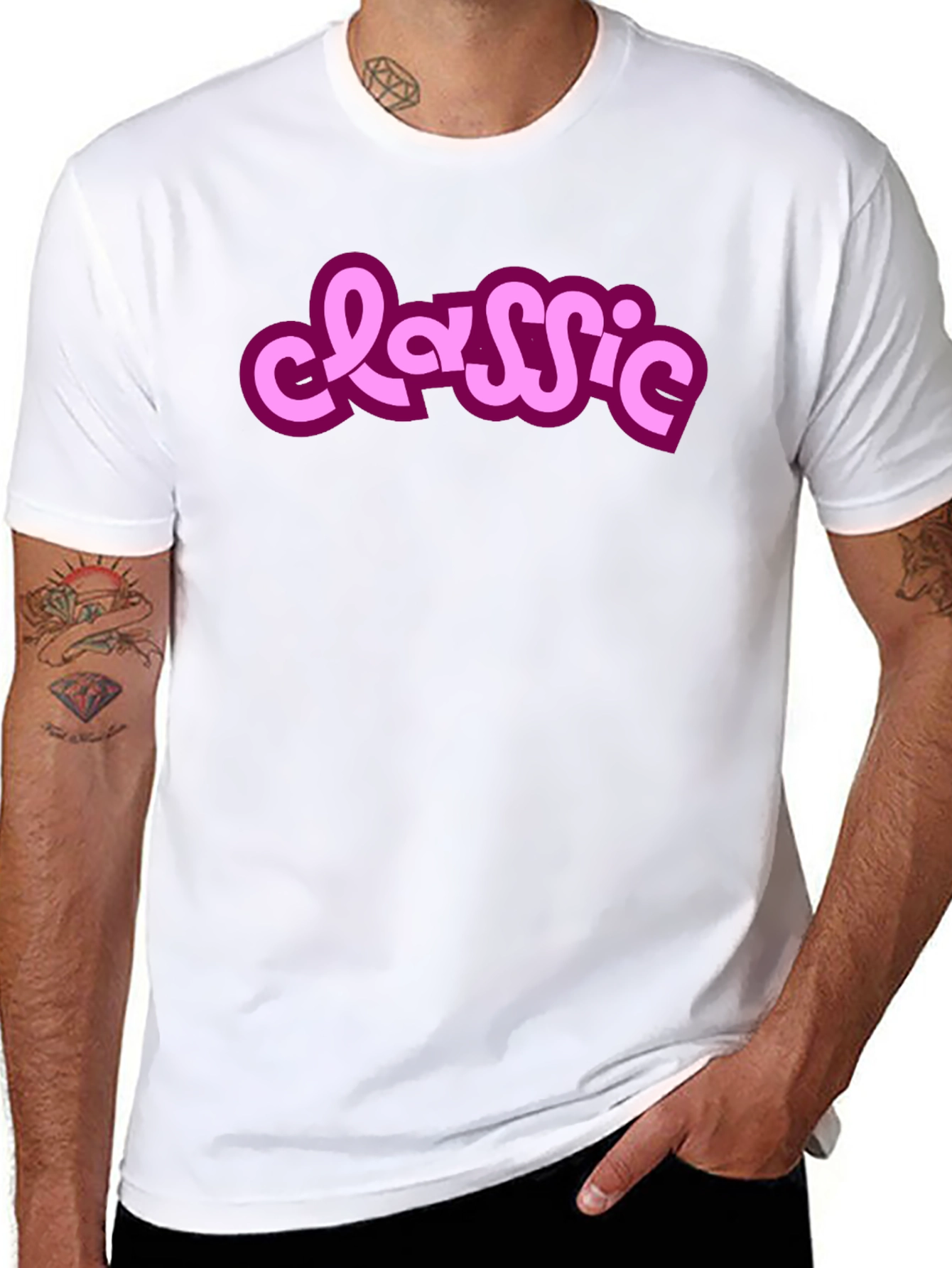 Classic Style Black Tee with Pink Lettering