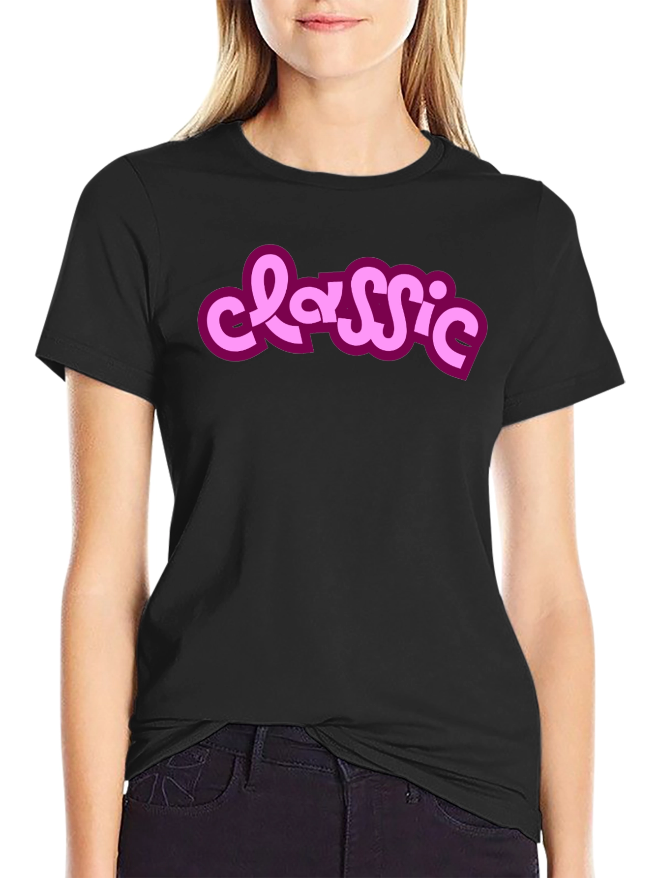 Classic Style Black Tee with Pink Lettering
